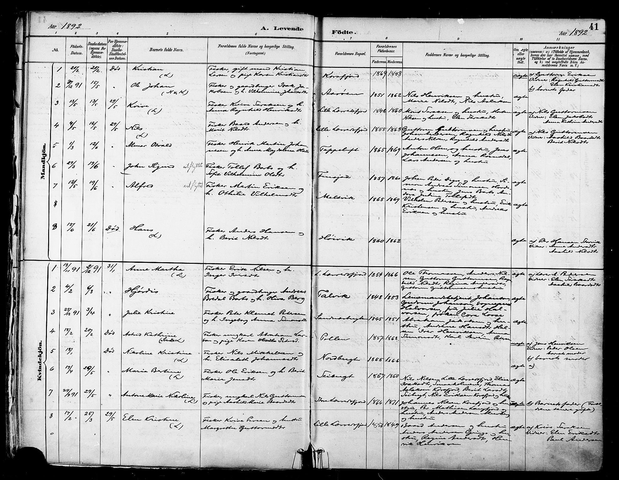Talvik sokneprestkontor, AV/SATØ-S-1337/H/Ha/L0013kirke: Ministerialbok nr. 13, 1886-1897, s. 41
