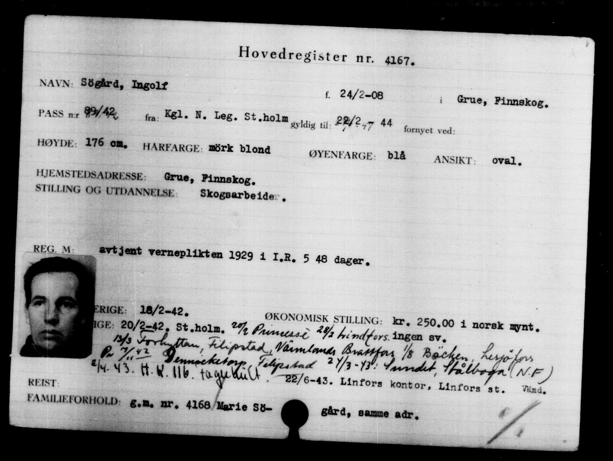 Utenriksstasjonene, Legasjonen i Stockholm, Flyktningkontoret, AV/RA-S-6753/V/Va/L0004: Kjesäterkartoteket, flyktninger med registreringsnr. 3496-6610, 1940-1945, s. 809