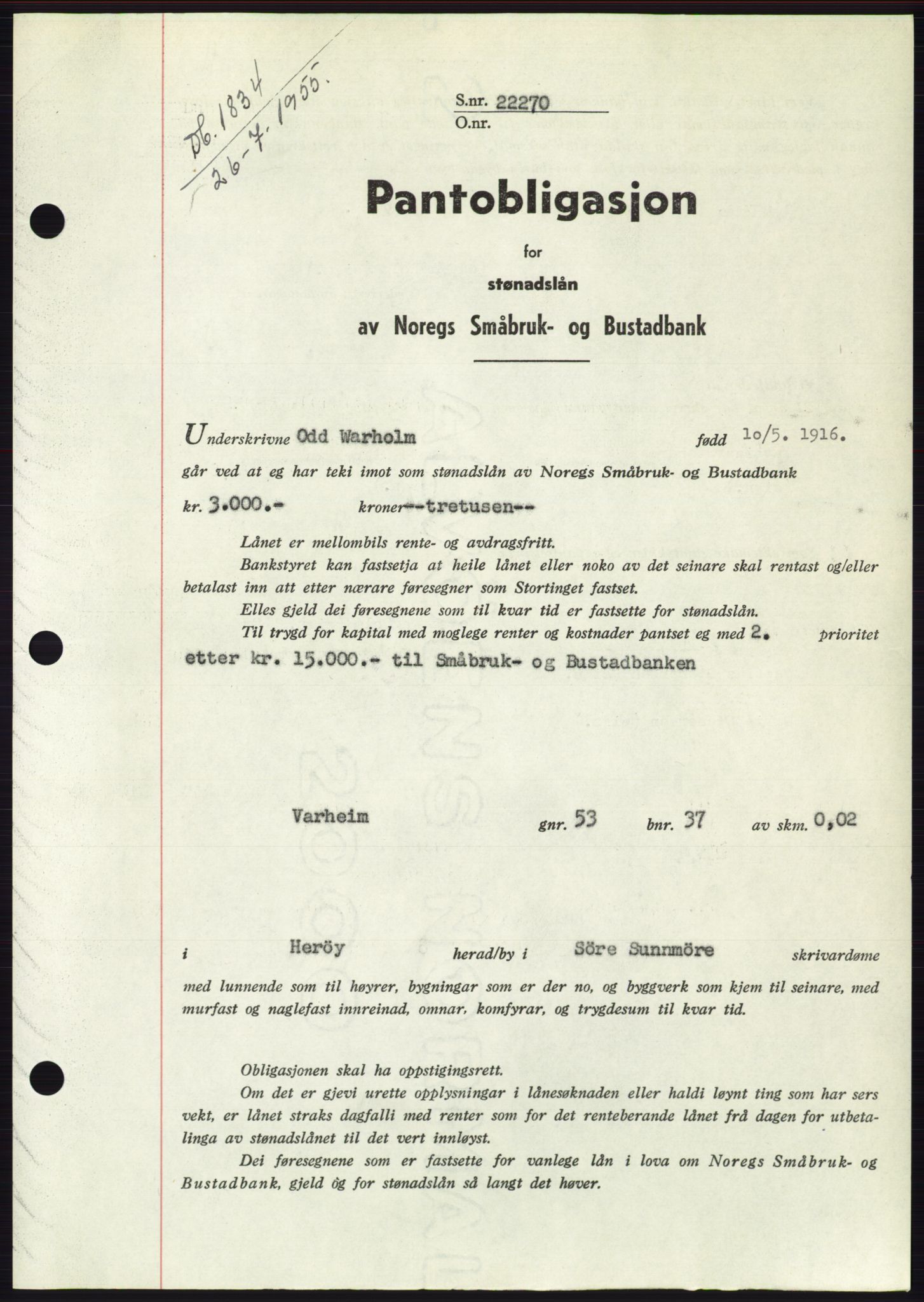 Søre Sunnmøre sorenskriveri, SAT/A-4122/1/2/2C/L0127: Pantebok nr. 15B, 1955-1955, Dagboknr: 1834/1955