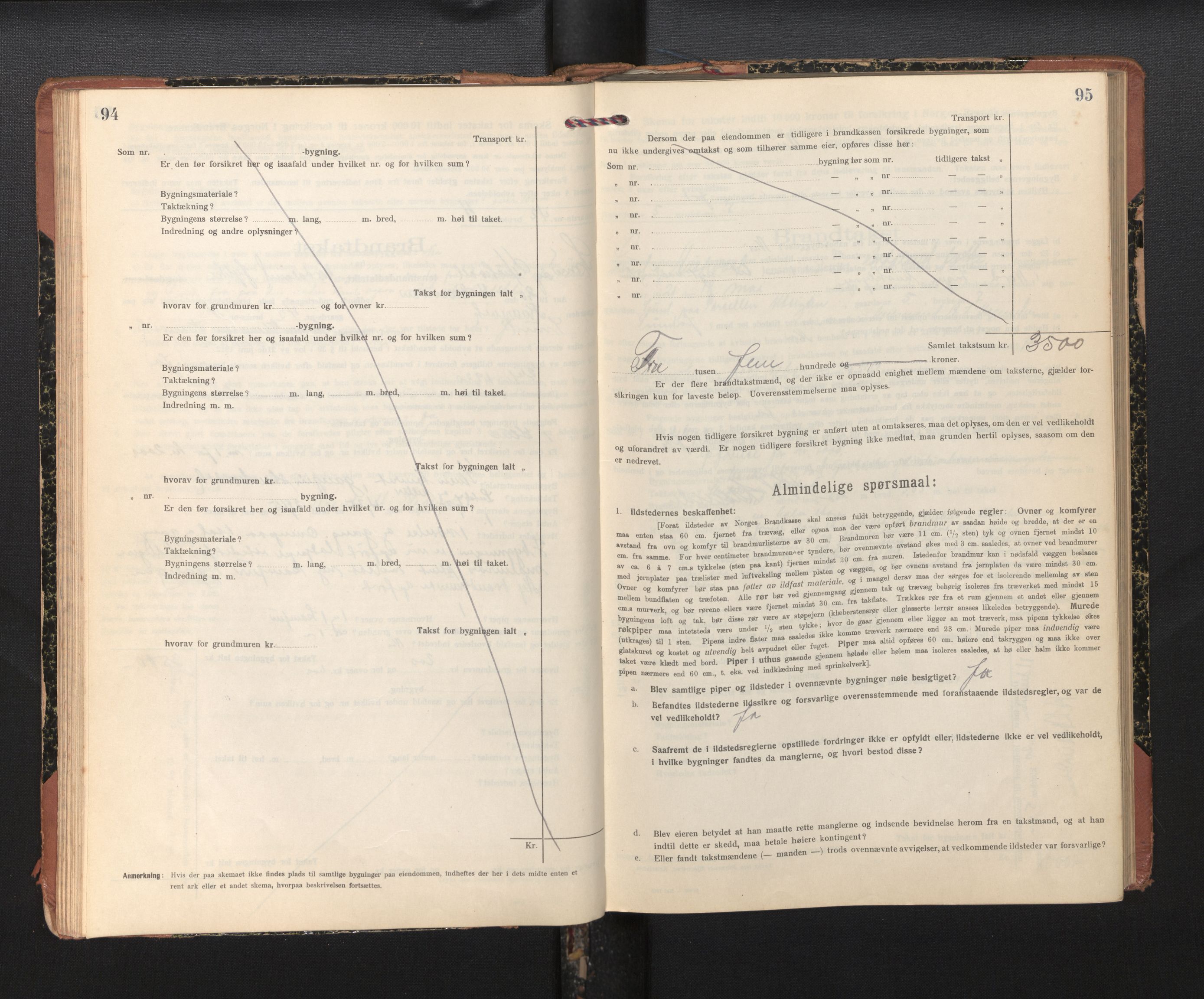 Lensmannen i Sund og Austevoll, AV/SAB-A-35201/0012/L0004: Branntakstprotokoll, skjematakst, 1917-1949, s. 94-95