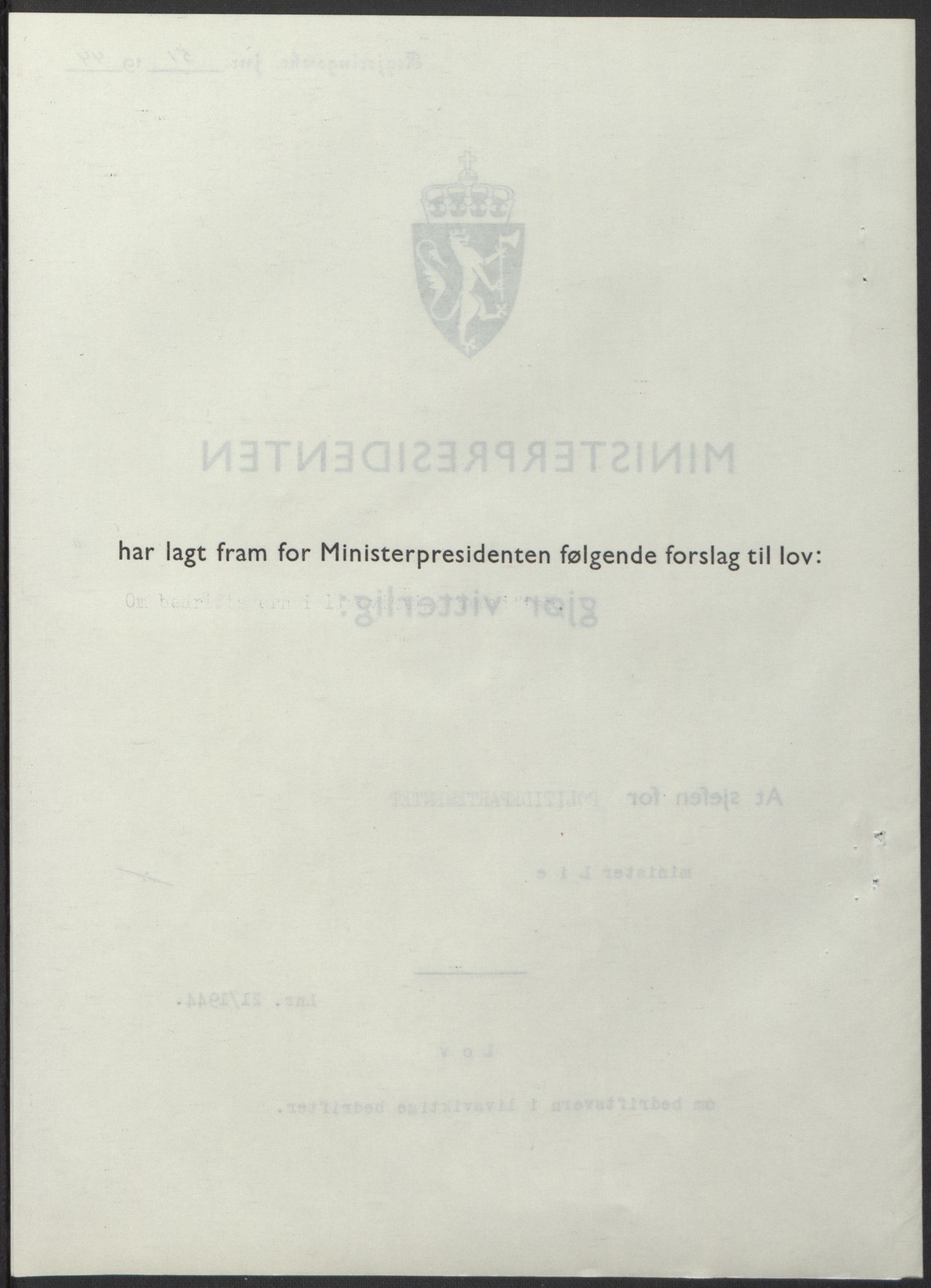 NS-administrasjonen 1940-1945 (Statsrådsekretariatet, de kommisariske statsråder mm), RA/S-4279/D/Db/L0100: Lover, 1944, s. 95