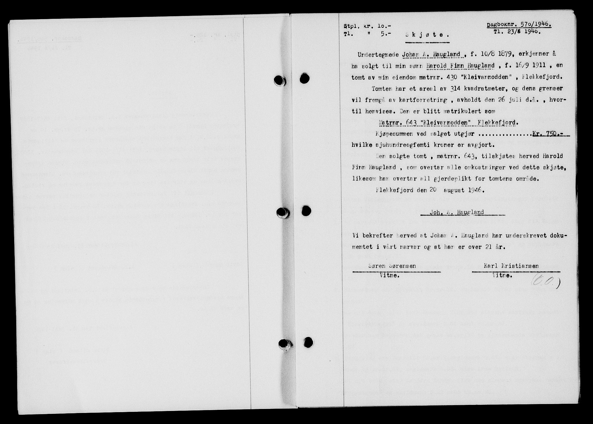 Flekkefjord sorenskriveri, SAK/1221-0001/G/Gb/Gba/L0060: Pantebok nr. A-8, 1945-1946, Dagboknr: 570/1946