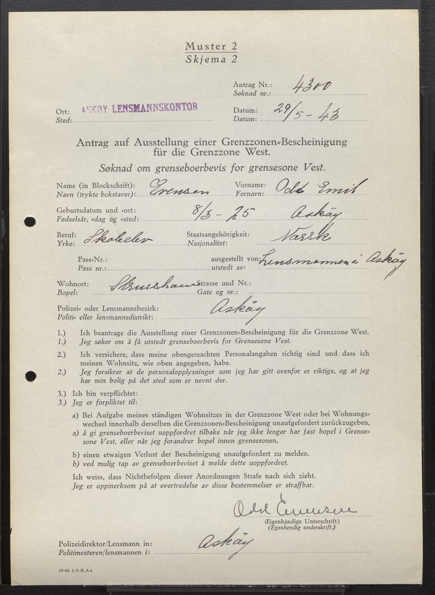 Lensmannen i Askøy, AV/SAB-A-31001/0026/L0012: Søknader om grensebuarbevis 3826 - 4350, 1942-1943, s. 541