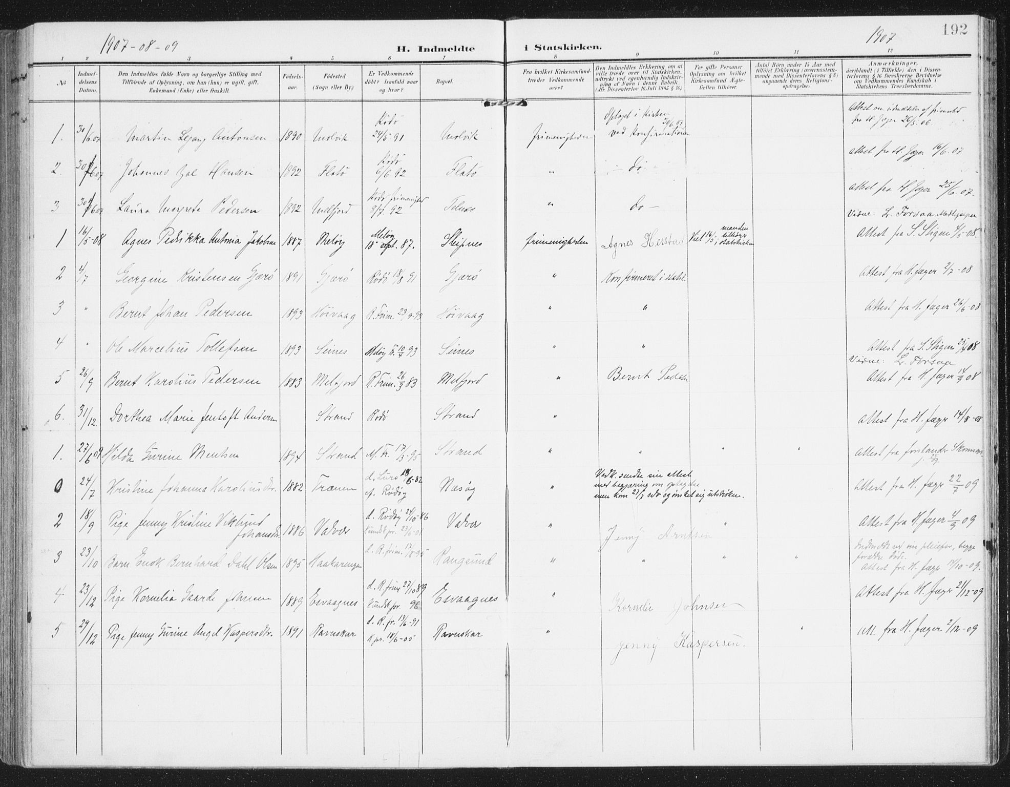 Ministerialprotokoller, klokkerbøker og fødselsregistre - Nordland, AV/SAT-A-1459/841/L0612: Ministerialbok nr. 841A15, 1902-1910, s. 192