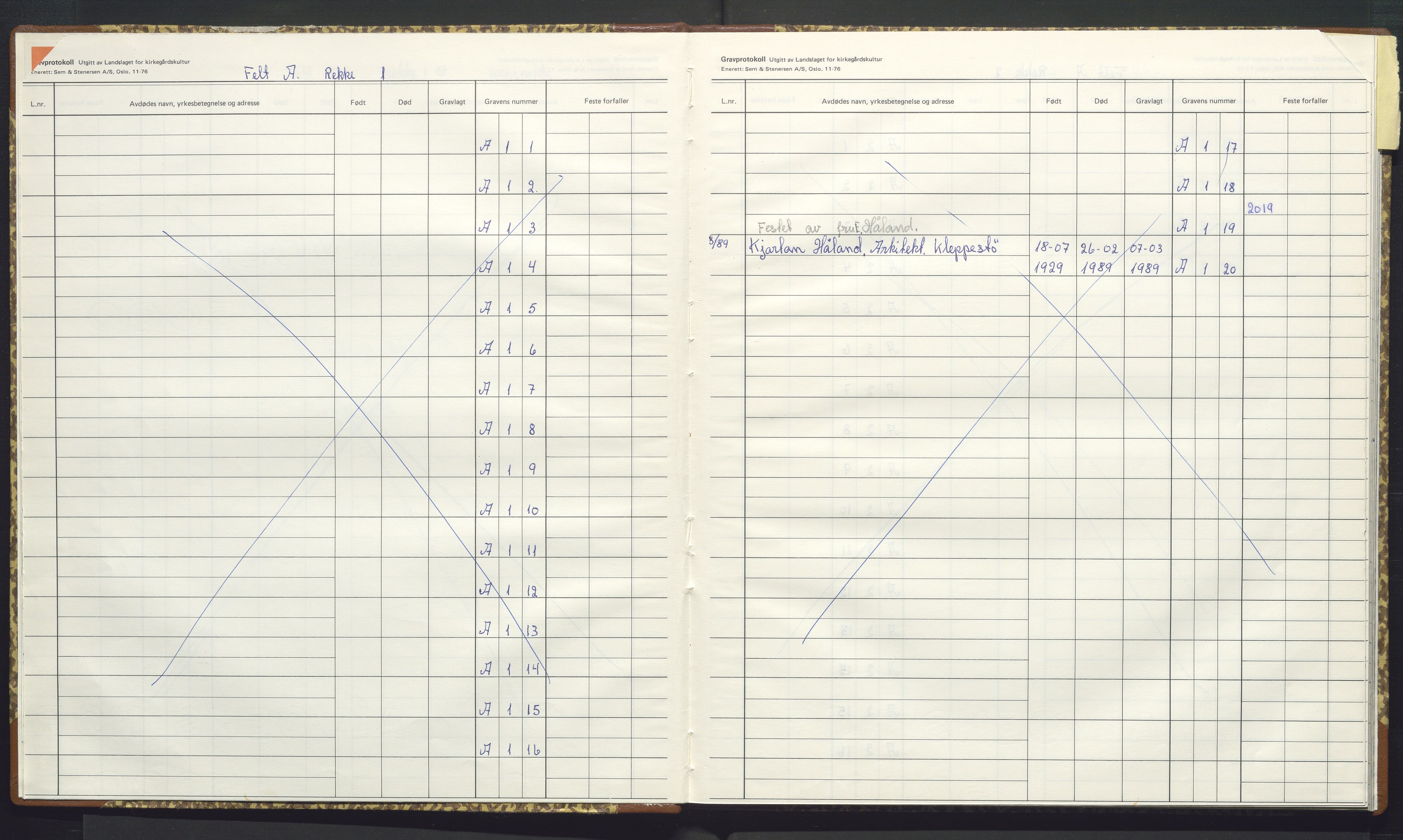 Askøy kommune. Kyrkjeverja, IKAH/1247-282/G/Ga/L0010: Gravprotokoll for Skiftesvik kirkegård, 1989-1995