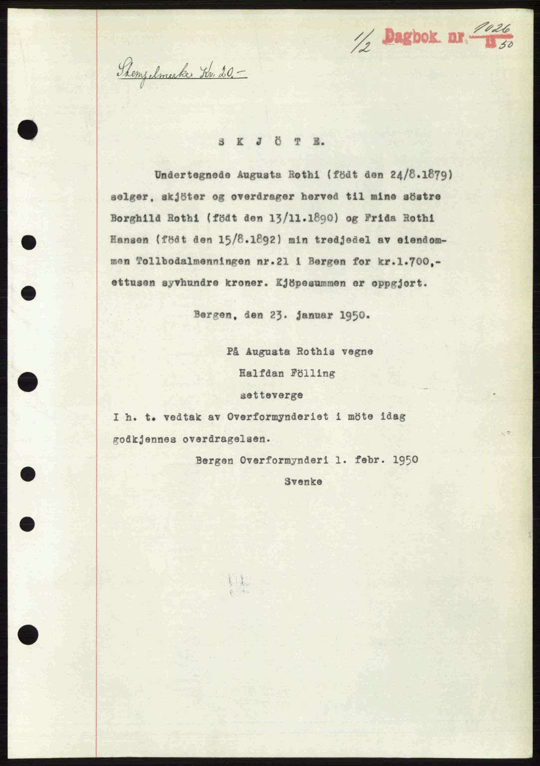 Byfogd og Byskriver i Bergen, AV/SAB-A-3401/03/03Bc/L0032: Pantebok nr. A26, 1950-1950, Dagboknr: 1026/1950