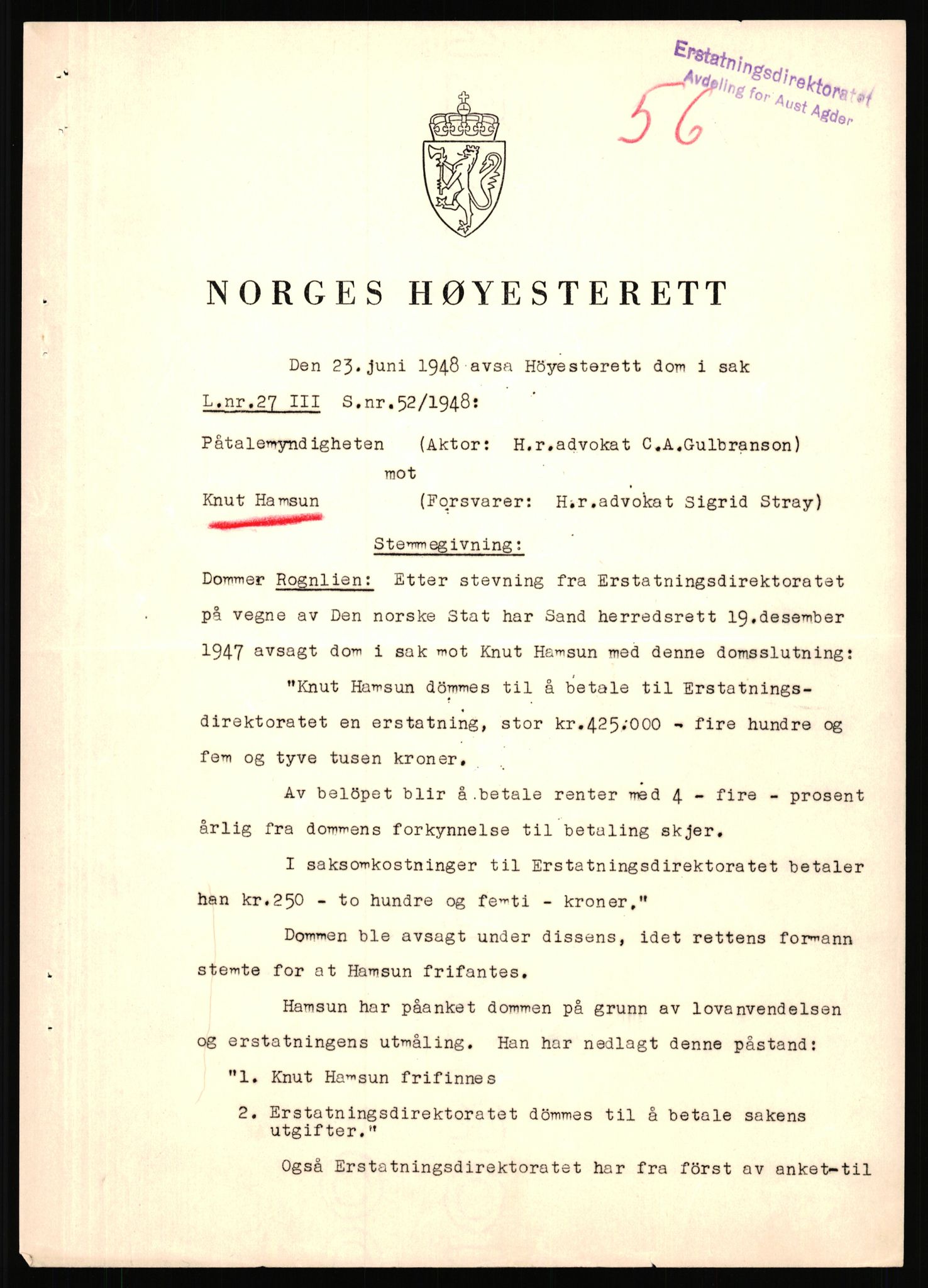 Landssvikarkivet, Arendal politikammer, RA/S-3138-25/D/Dc/L0029: Anr. 192/45, 1945-1951, s. 597