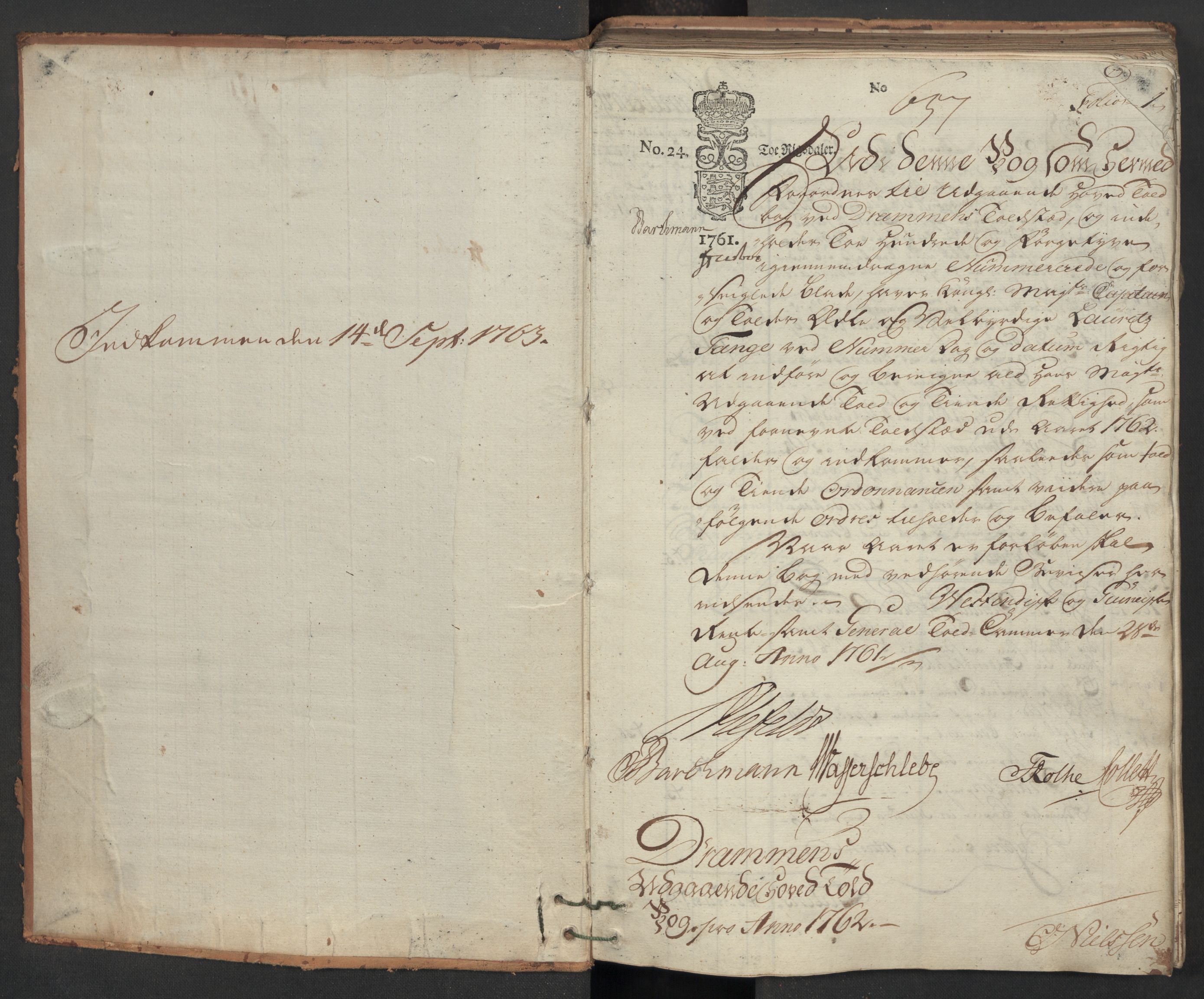 Generaltollkammeret, tollregnskaper, AV/RA-EA-5490/R08/L0054/0001: Tollregnskaper Drammen / Utgående hovedtollbok, 1762, s. 1a