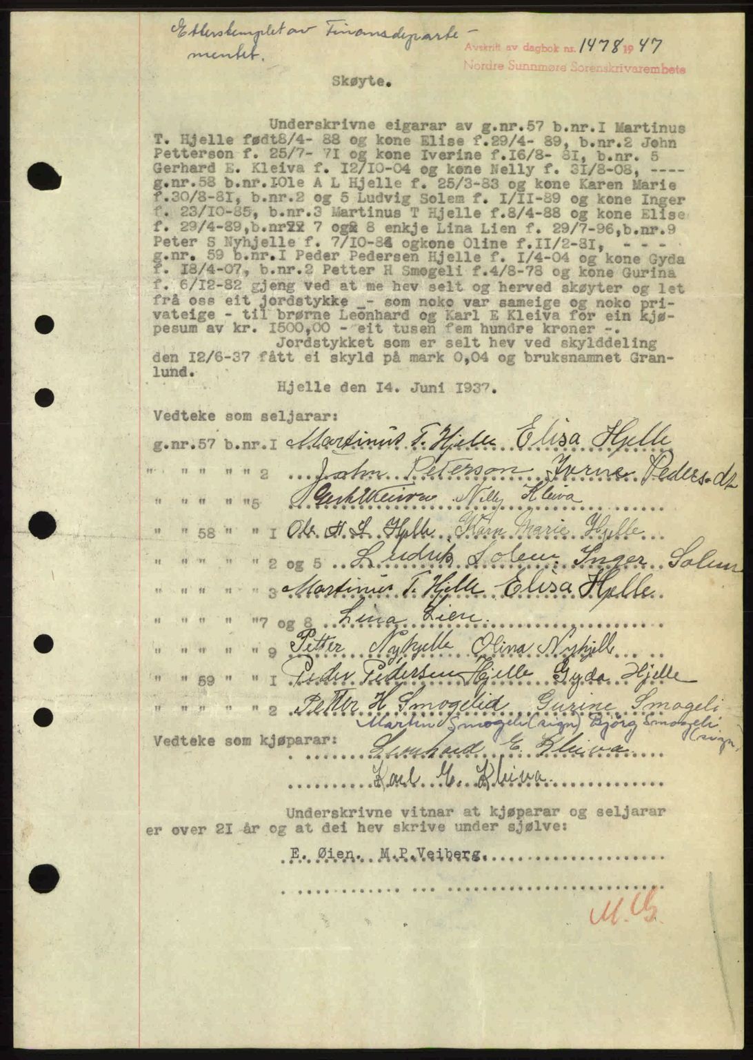 Nordre Sunnmøre sorenskriveri, AV/SAT-A-0006/1/2/2C/2Ca: Pantebok nr. A25, 1947-1947, Dagboknr: 1478/1947