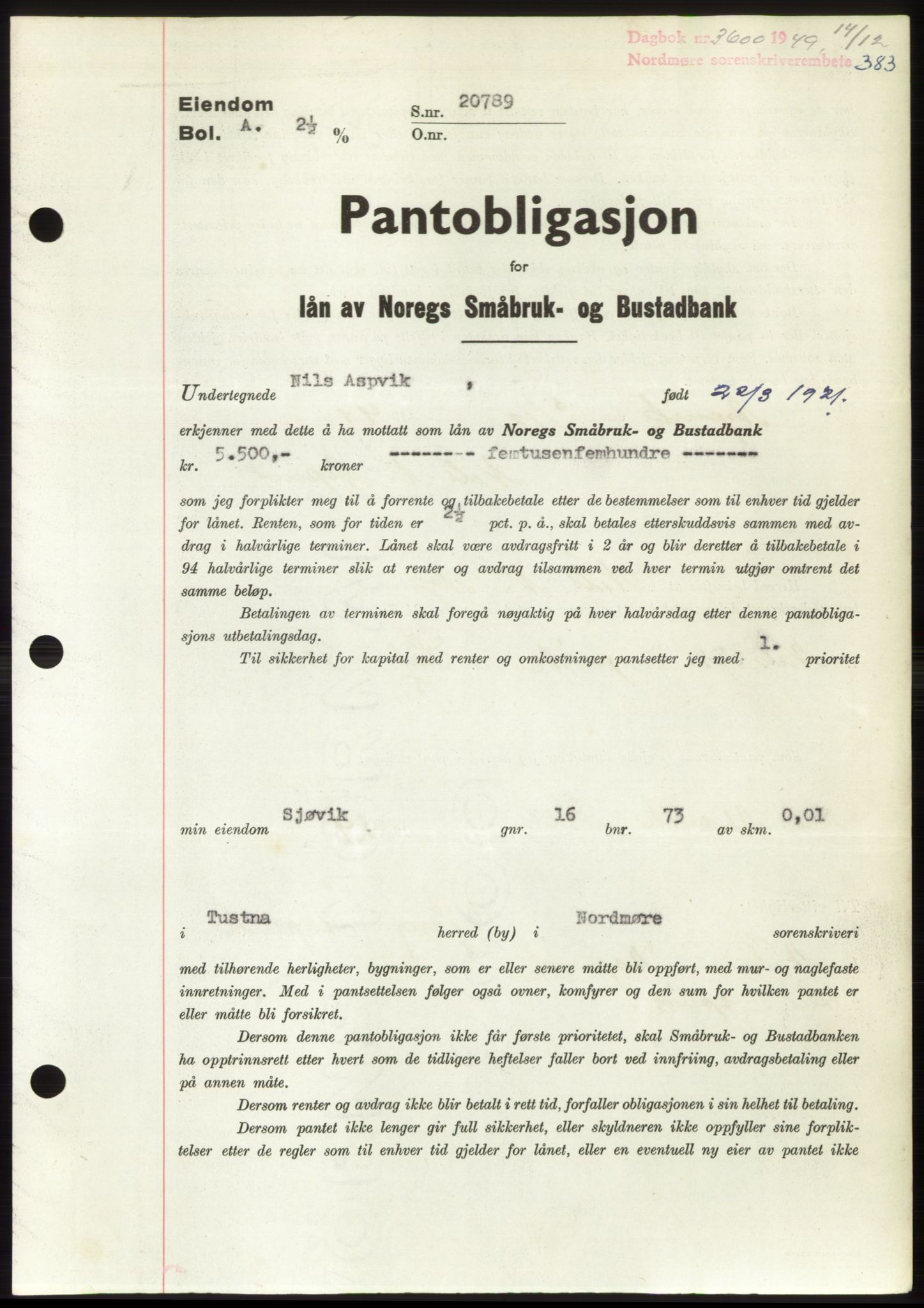 Nordmøre sorenskriveri, AV/SAT-A-4132/1/2/2Ca: Pantebok nr. B103, 1949-1950, Dagboknr: 3600/1949