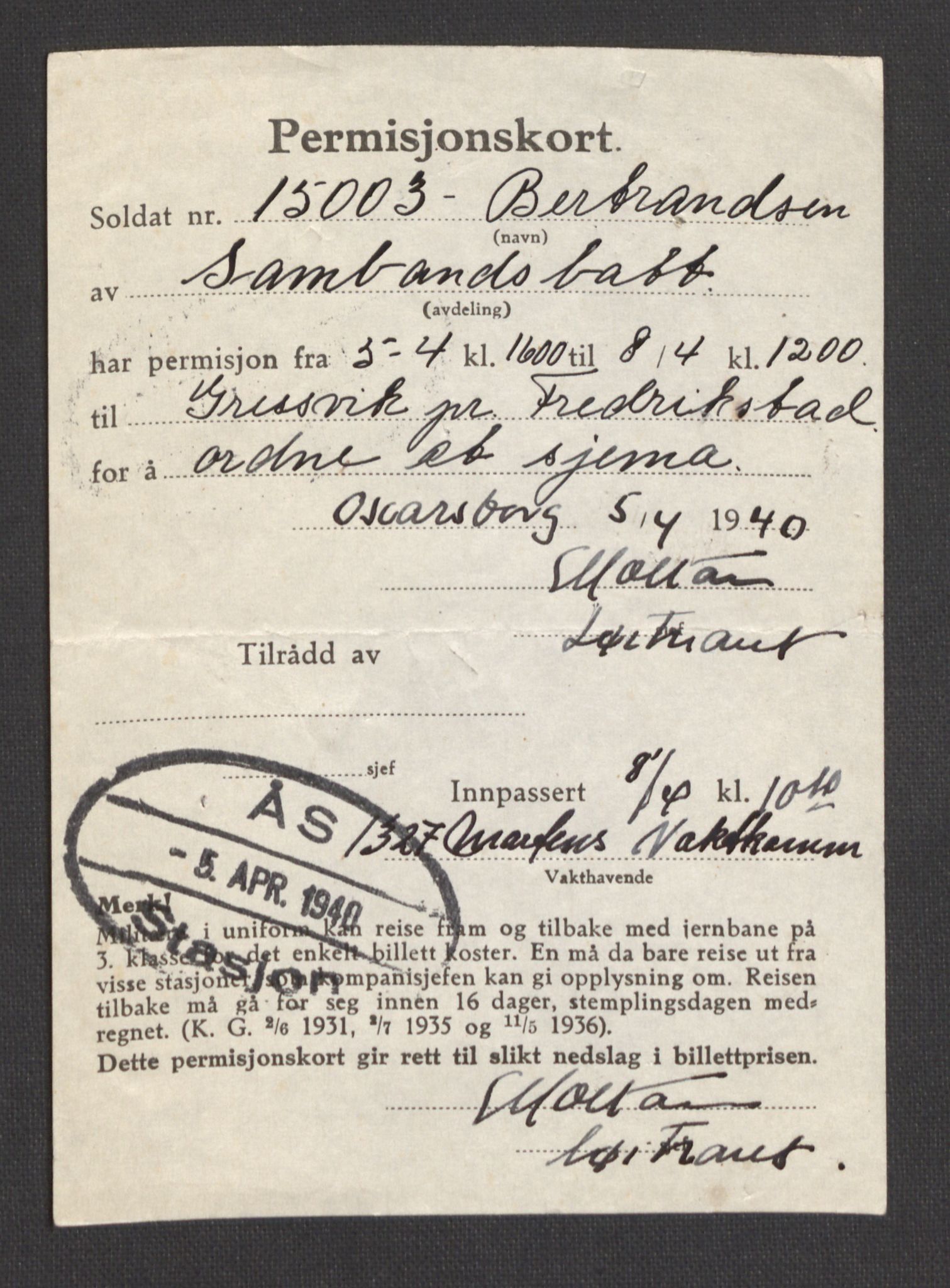 Forsvarsdepartementet, Oscarsborg festning, AV/RA-RAFA-4479/F/Fa/L0001: Vaktjournal (vedlagt 9 permisjonskort), 1940