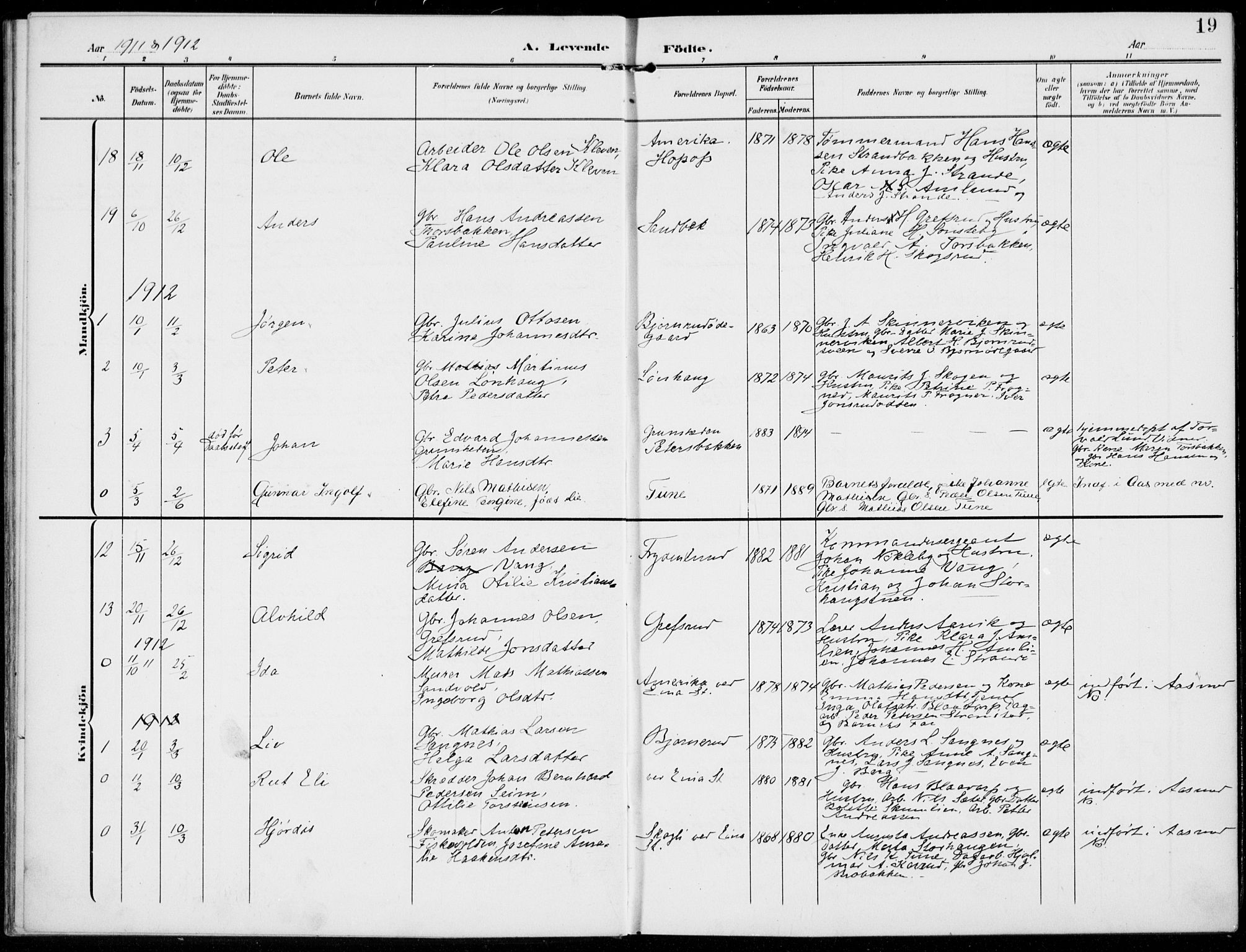 Kolbu prestekontor, AV/SAH-PREST-110/H/Ha/Haa/L0001: Ministerialbok nr. 1, 1907-1923, s. 19
