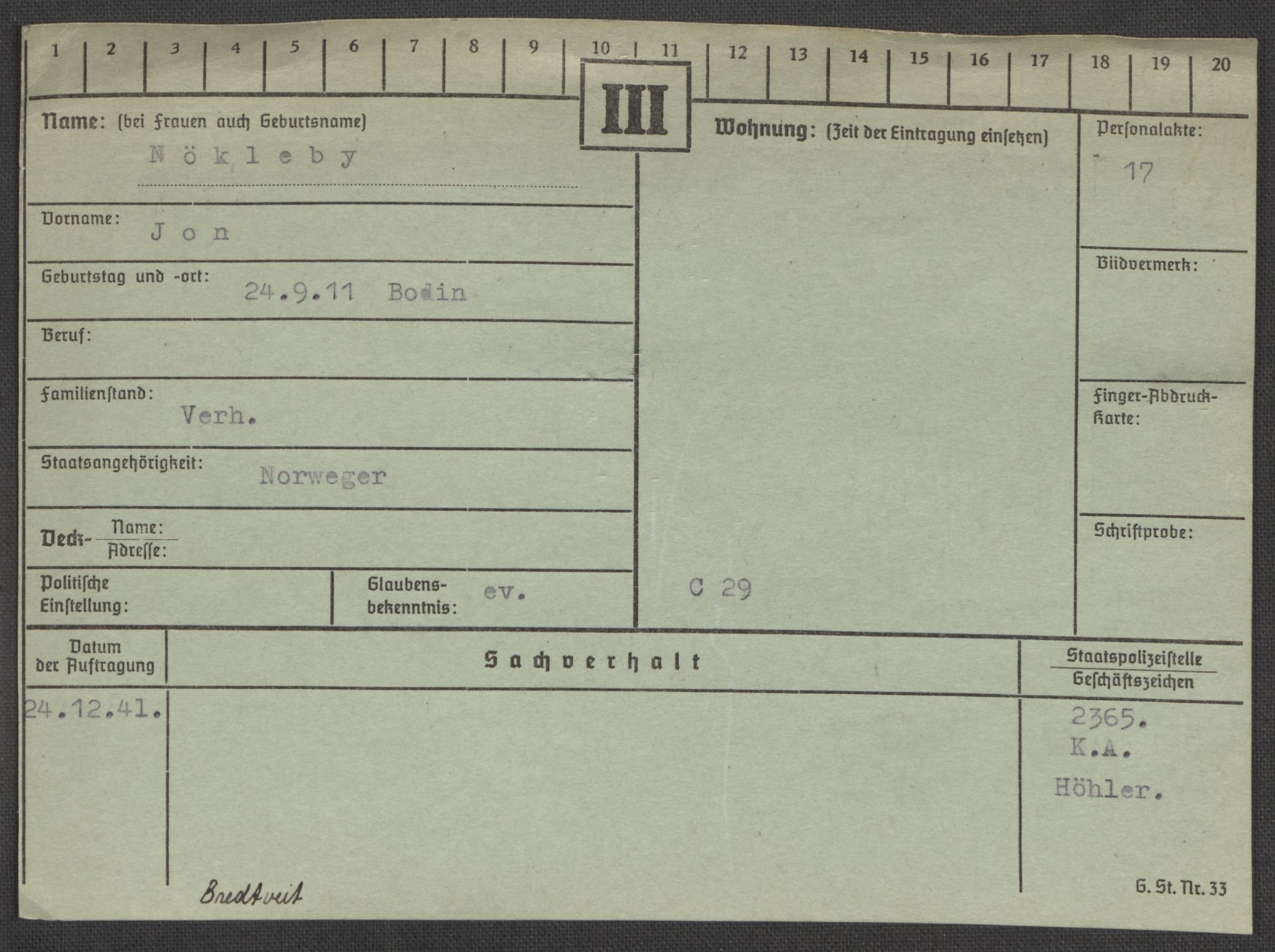 Befehlshaber der Sicherheitspolizei und des SD, RA/RAFA-5969/E/Ea/Eaa/L0007: Register over norske fanger i Møllergata 19: Lundb-N, 1940-1945, s. 1612