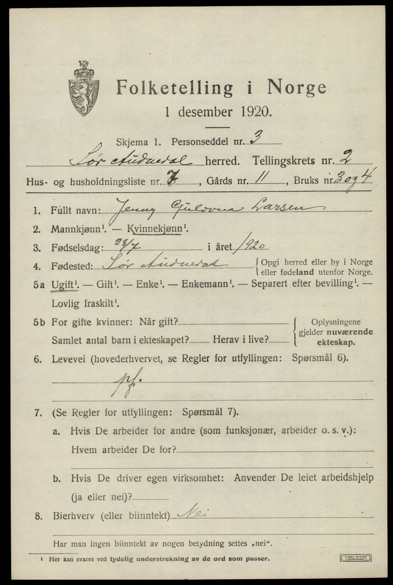 SAK, Folketelling 1920 for 1029 Sør-Audnedal herred, 1920, s. 1637