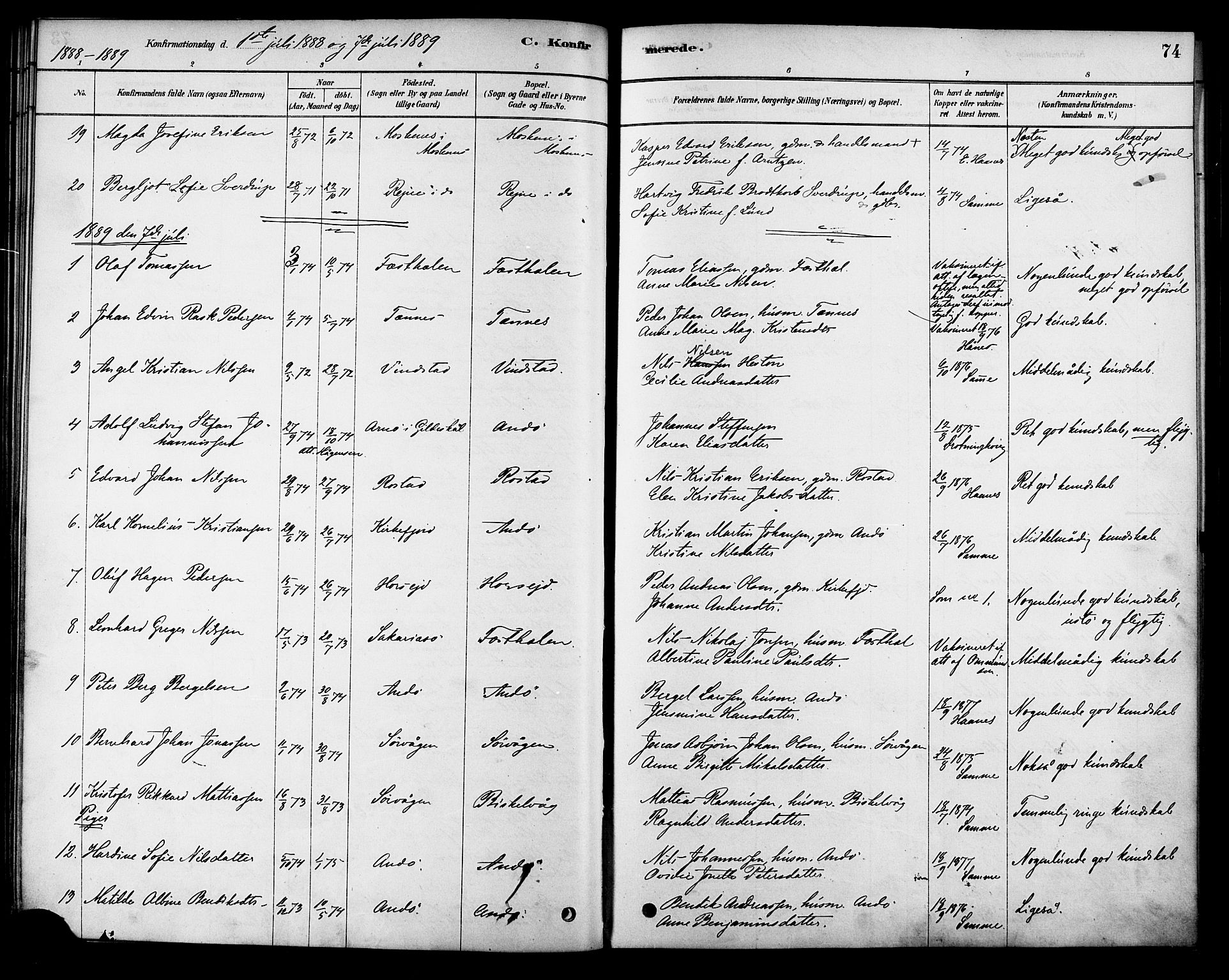 Ministerialprotokoller, klokkerbøker og fødselsregistre - Nordland, AV/SAT-A-1459/886/L1219: Ministerialbok nr. 886A01, 1878-1892, s. 74