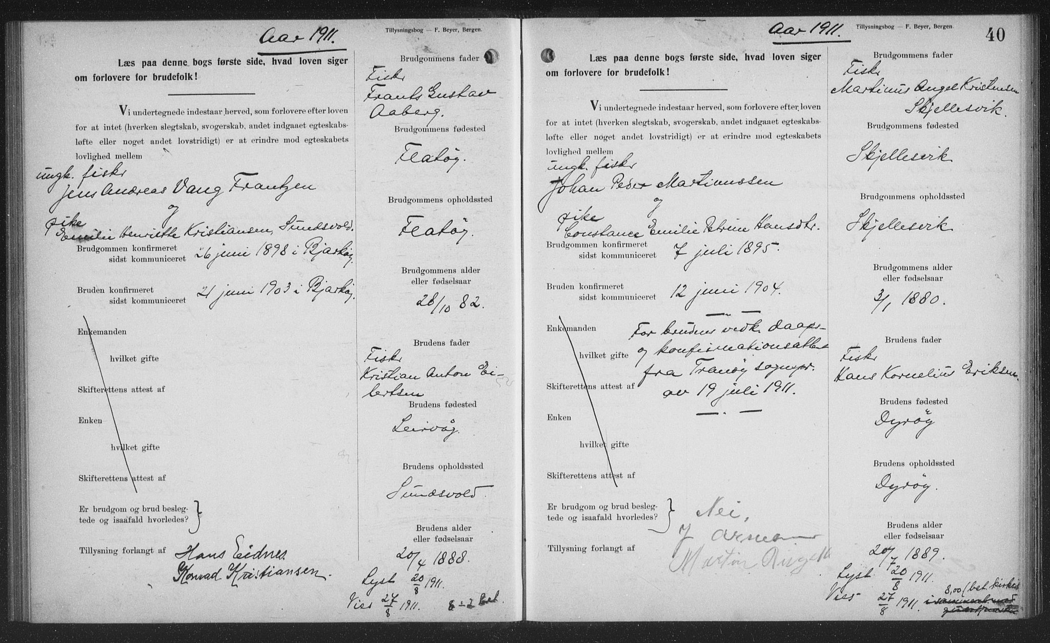 Sand/Bjarkøy sokneprestkontor, AV/SATØ-S-0811/J/Jb/L0024: Lysningsprotokoll nr. 24, 1905-1917, s. 40