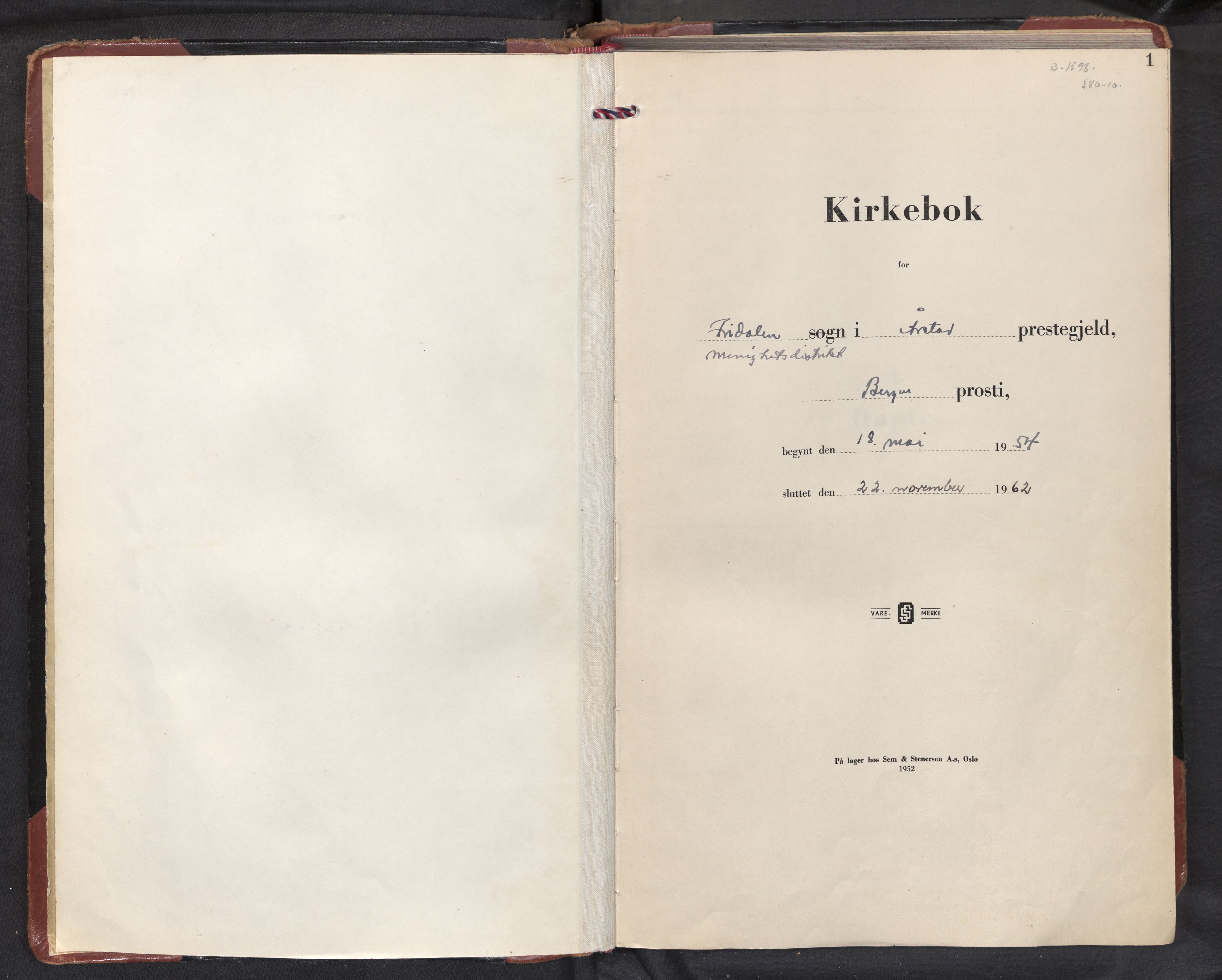 Fridalen sokneprestembete, AV/SAB-A-99933: Ministerialbok nr. A 1, 1954-1962, s. 0b-1a