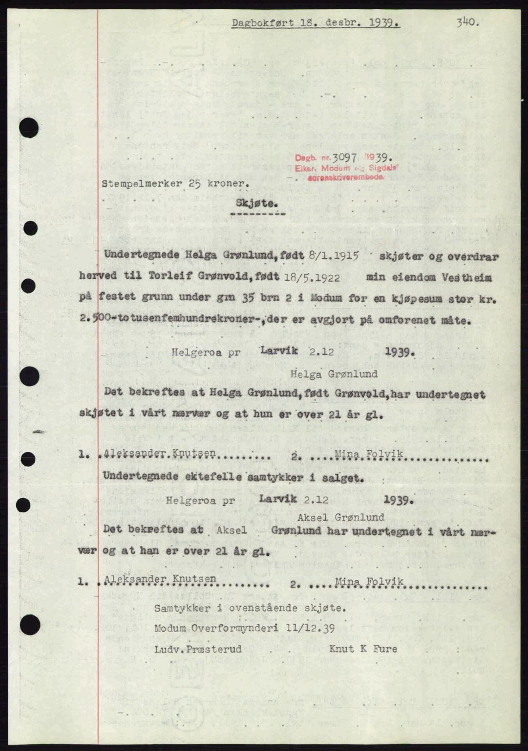 Eiker, Modum og Sigdal sorenskriveri, SAKO/A-123/G/Ga/Gab/L0041: Pantebok nr. A11, 1939-1940, Dagboknr: 3097/1939