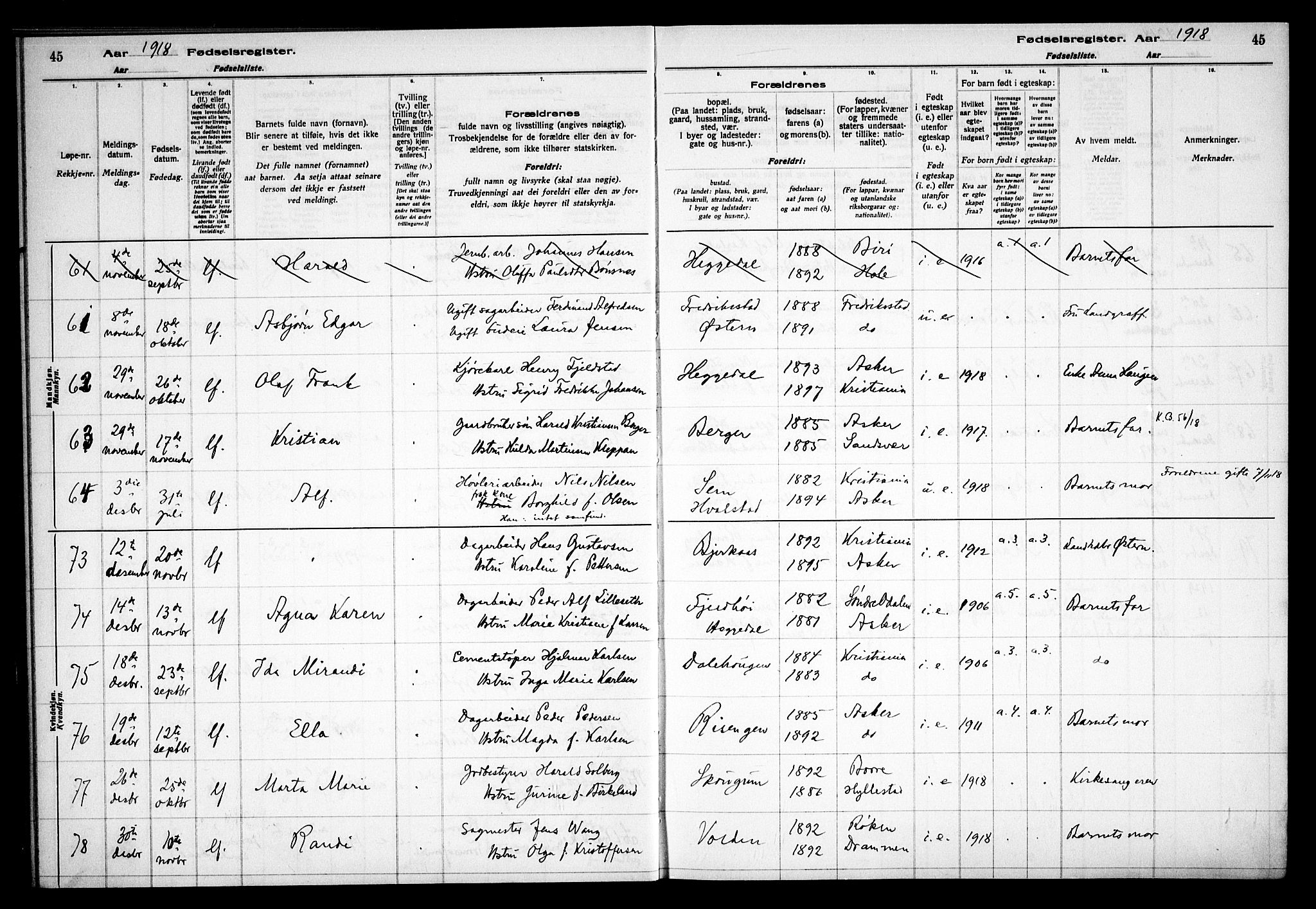 Asker prestekontor Kirkebøker, SAO/A-10256a/J/L0001: Fødselsregister nr. 1, 1916-1925, s. 45