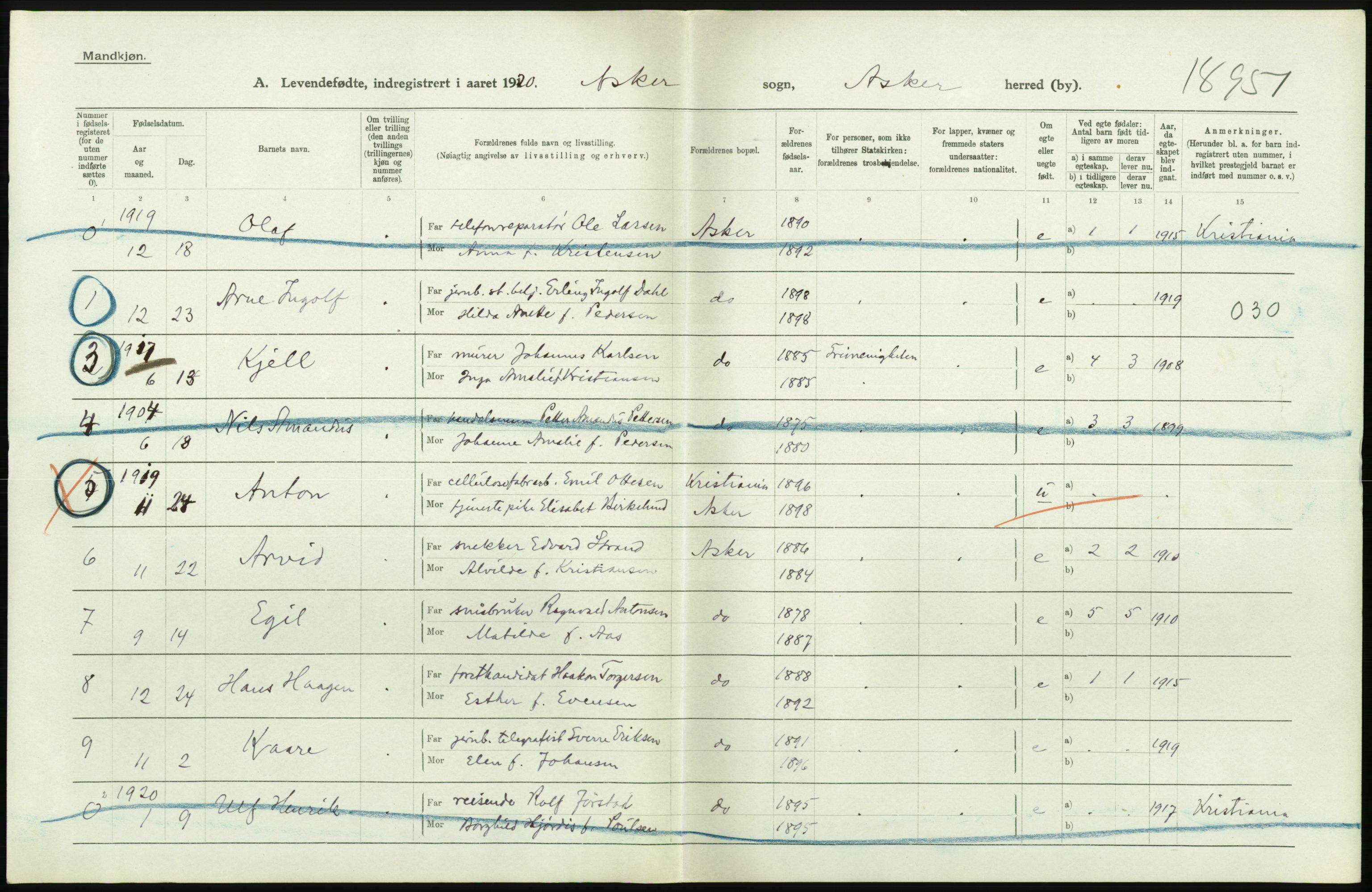 Statistisk sentralbyrå, Sosiodemografiske emner, Befolkning, RA/S-2228/D/Df/Dfb/Dfbj/L0004: Akershus fylke: Levendefødte menn og kvinner. Bygder., 1920, s. 410