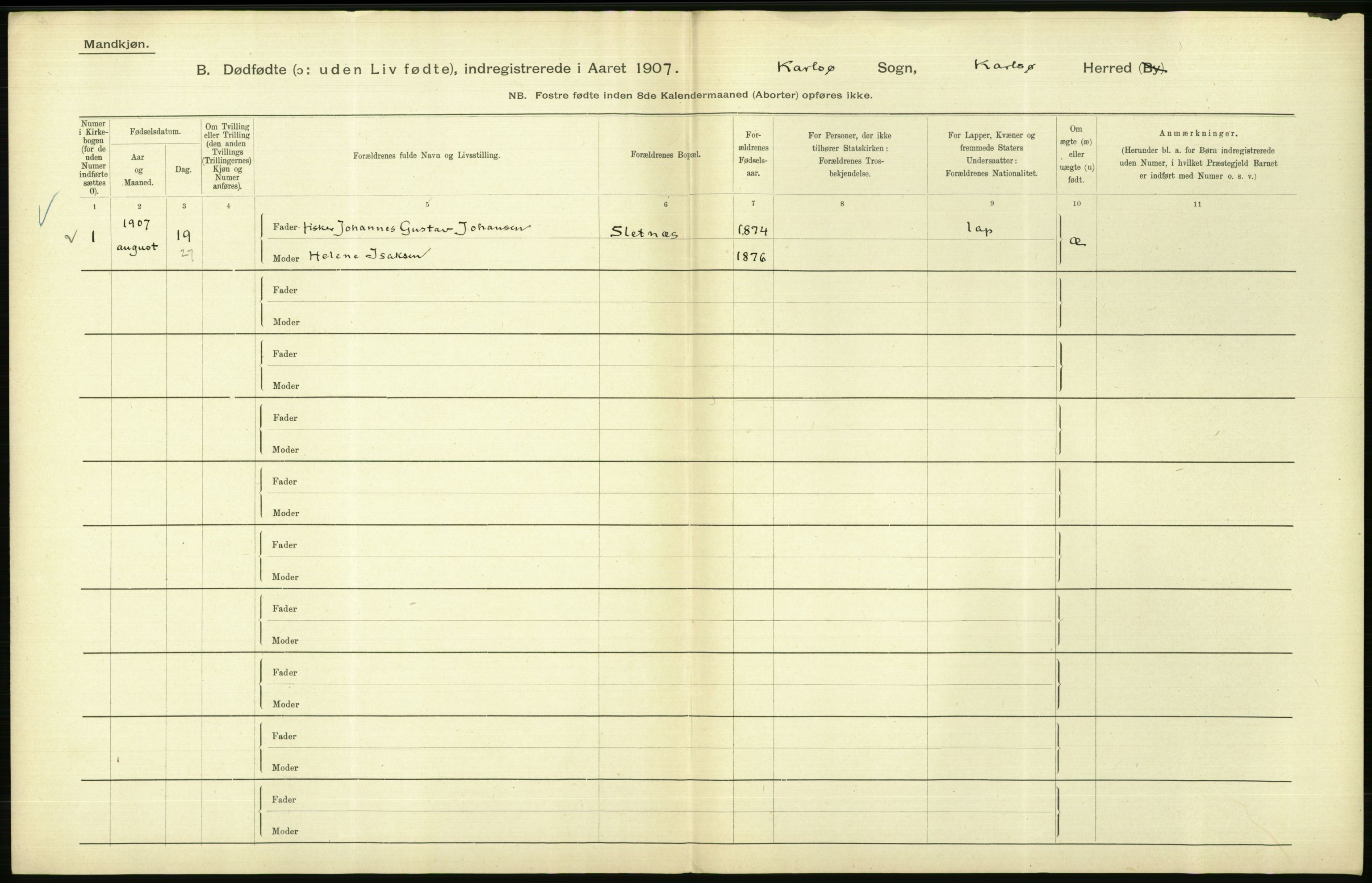 Statistisk sentralbyrå, Sosiodemografiske emner, Befolkning, AV/RA-S-2228/D/Df/Dfa/Dfae/L0047: Tromsø amt: Gifte, døde, dødfødte. Bygder og byer., 1907, s. 448