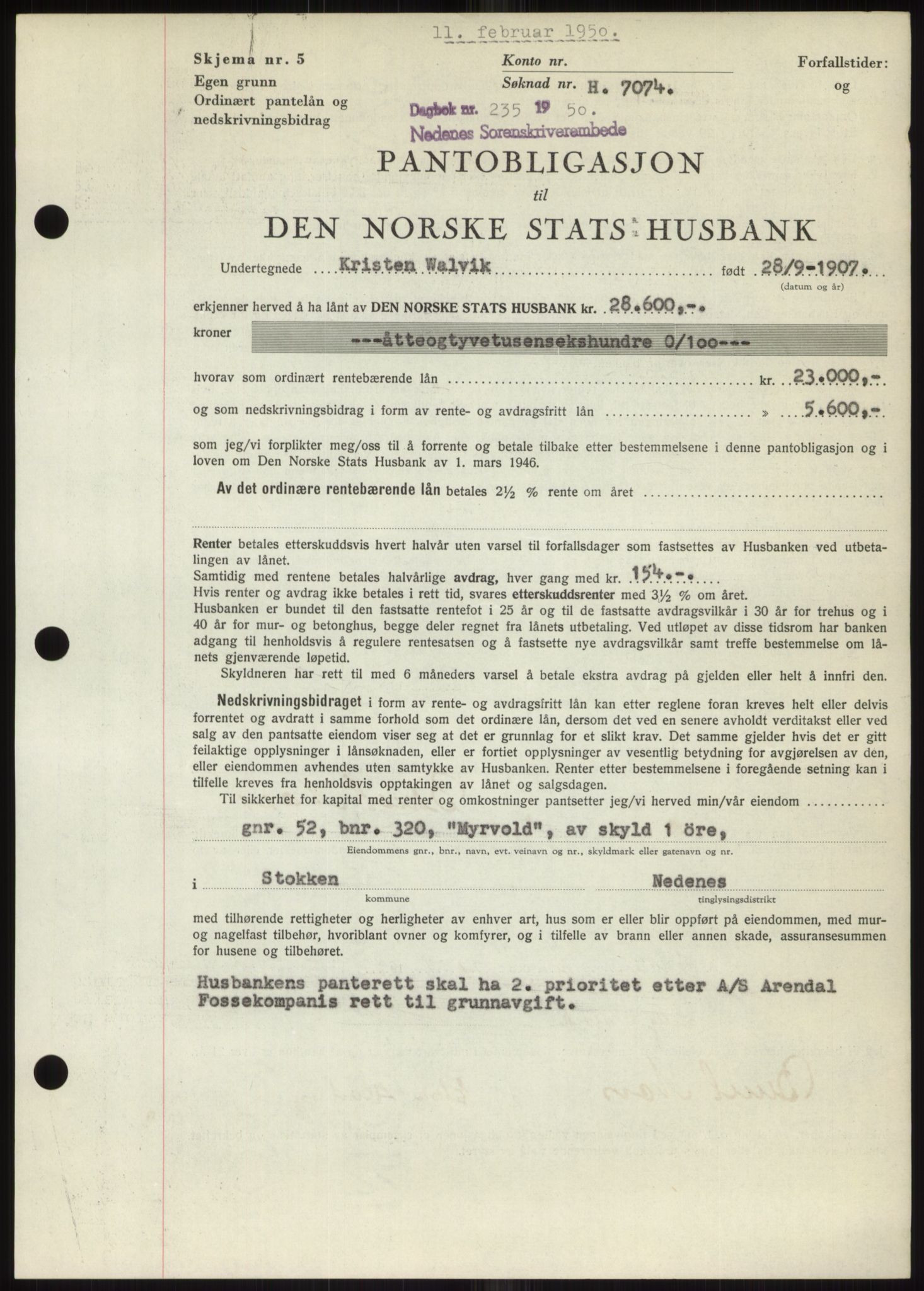 Nedenes sorenskriveri, AV/SAK-1221-0006/G/Gb/Gbb/L0007: Pantebok nr. B7, 1949-1950, Dagboknr: 235/1950