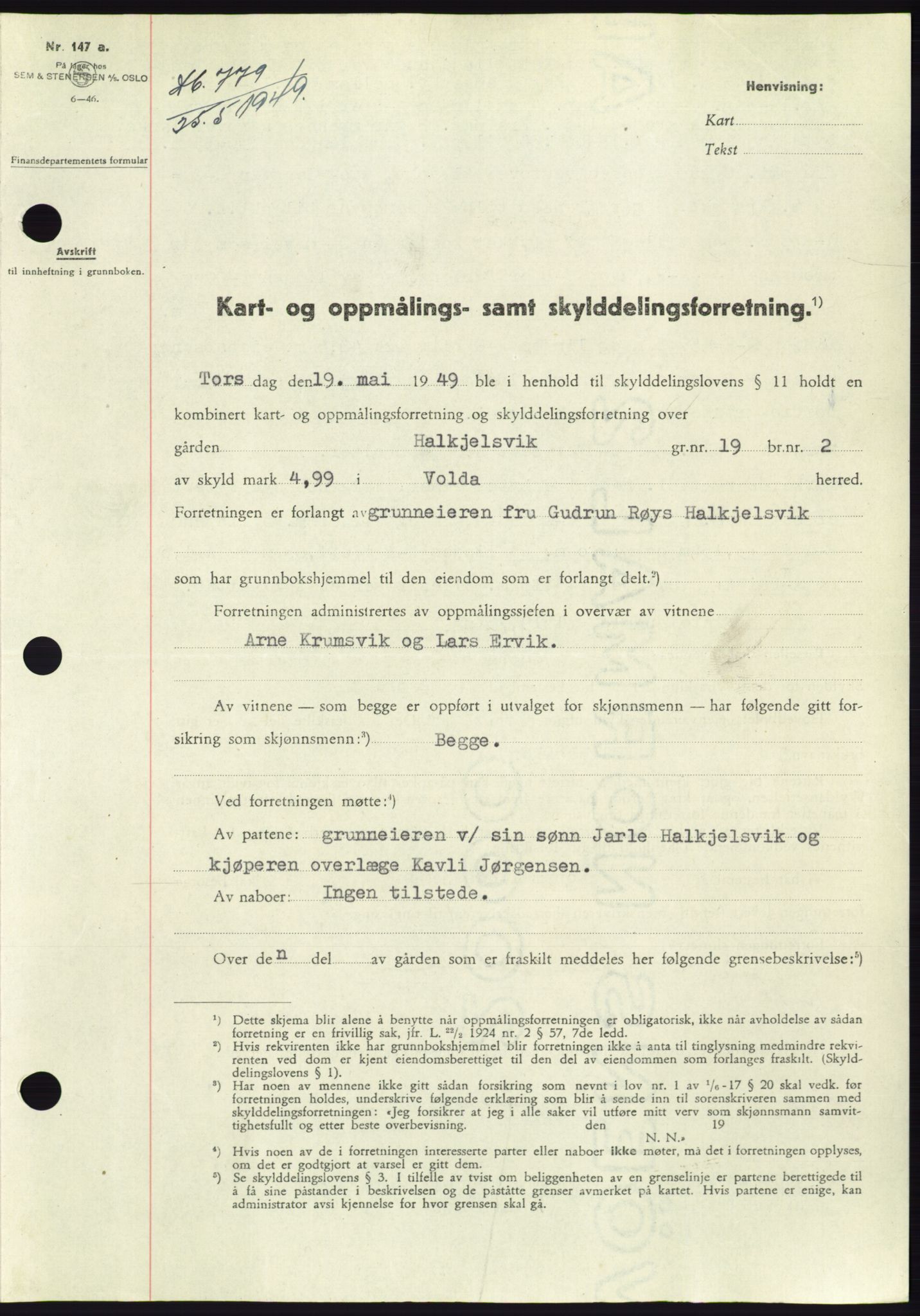 Søre Sunnmøre sorenskriveri, SAT/A-4122/1/2/2C/L0084: Pantebok nr. 10A, 1949-1949, Dagboknr: 779/1949