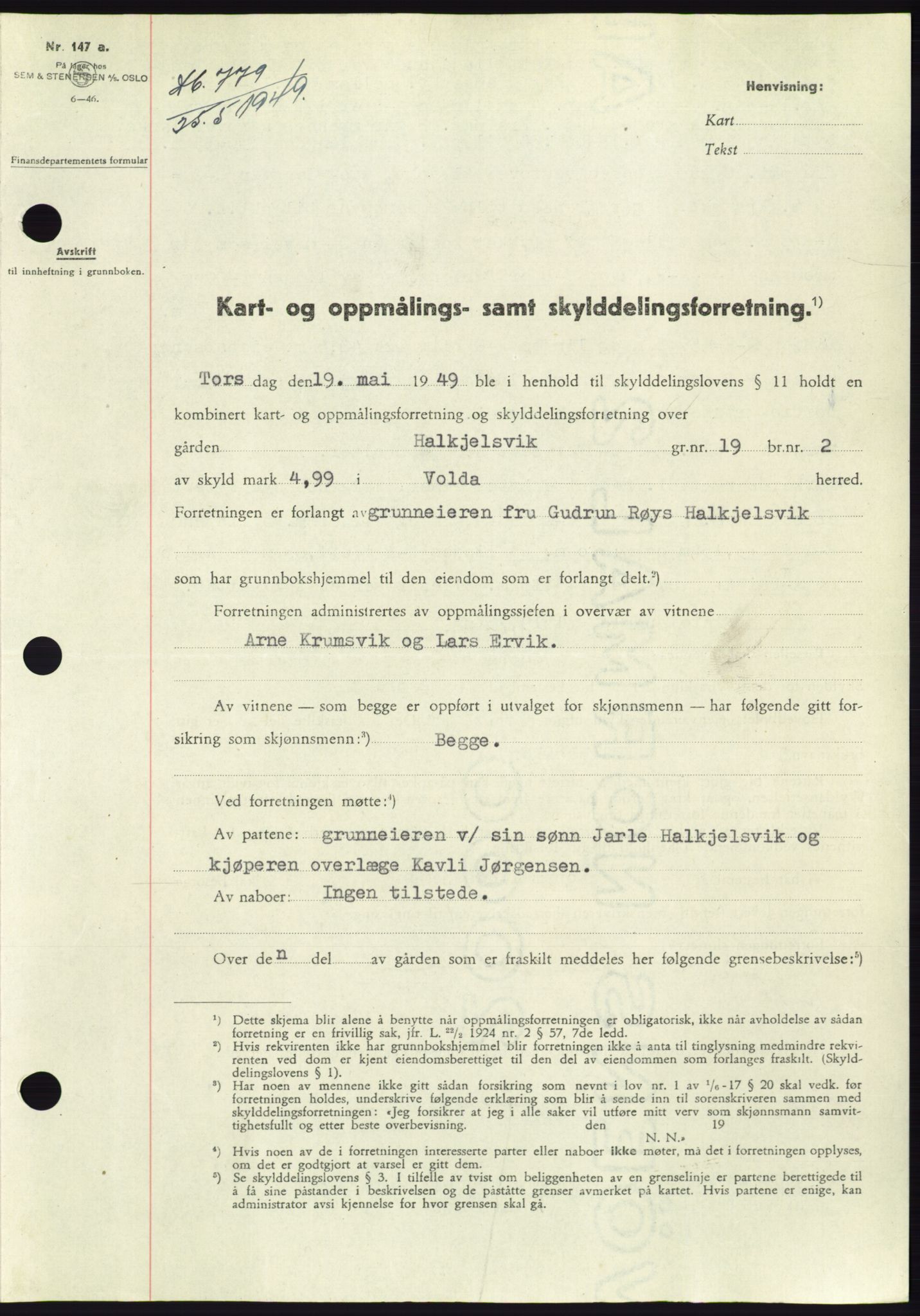 Søre Sunnmøre sorenskriveri, AV/SAT-A-4122/1/2/2C/L0084: Pantebok nr. 10A, 1949-1949, Dagboknr: 779/1949