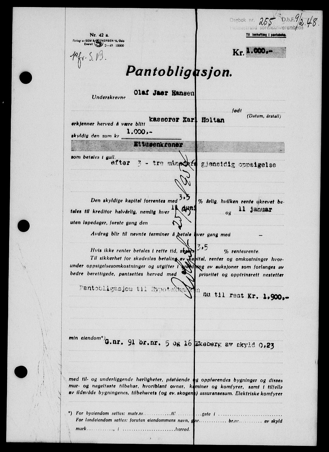 Holmestrand sorenskriveri, SAKO/A-67/G/Ga/Gab/L0058: Pantebok nr. B-58, 1947-1948, Dagboknr: 255/1948