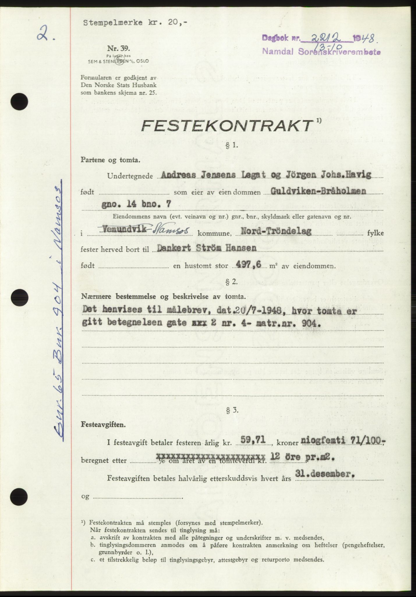 Namdal sorenskriveri, SAT/A-4133/1/2/2C: Pantebok nr. -, 1948-1948, Dagboknr: 2212/1948