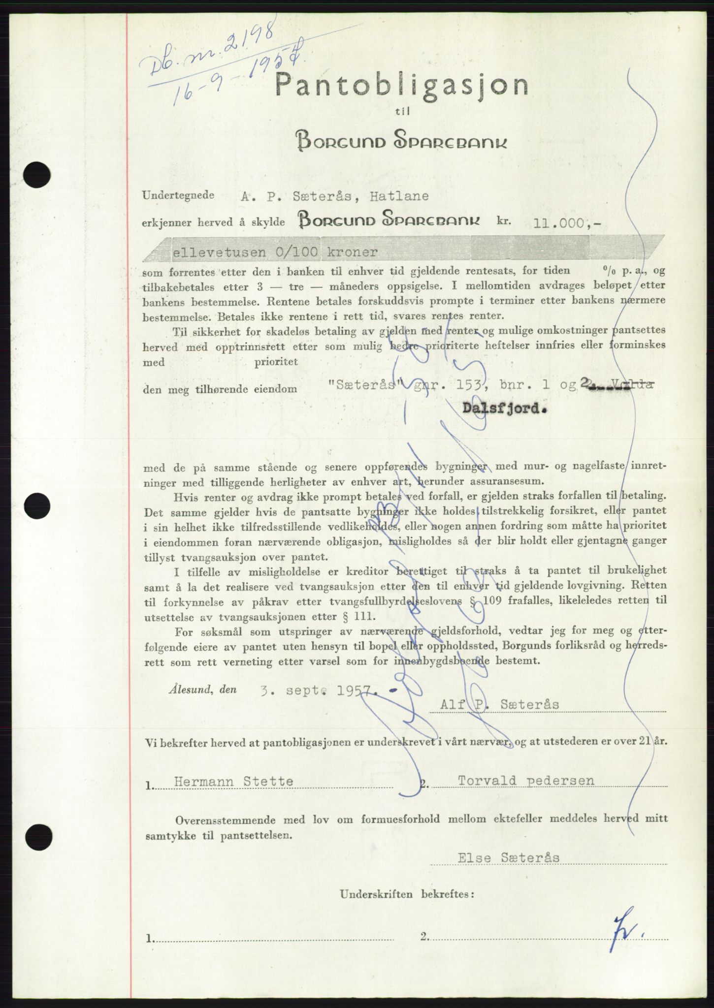 Søre Sunnmøre sorenskriveri, AV/SAT-A-4122/1/2/2C/L0130: Pantebok nr. 18B, 1957-1958, Dagboknr: 2198/1957