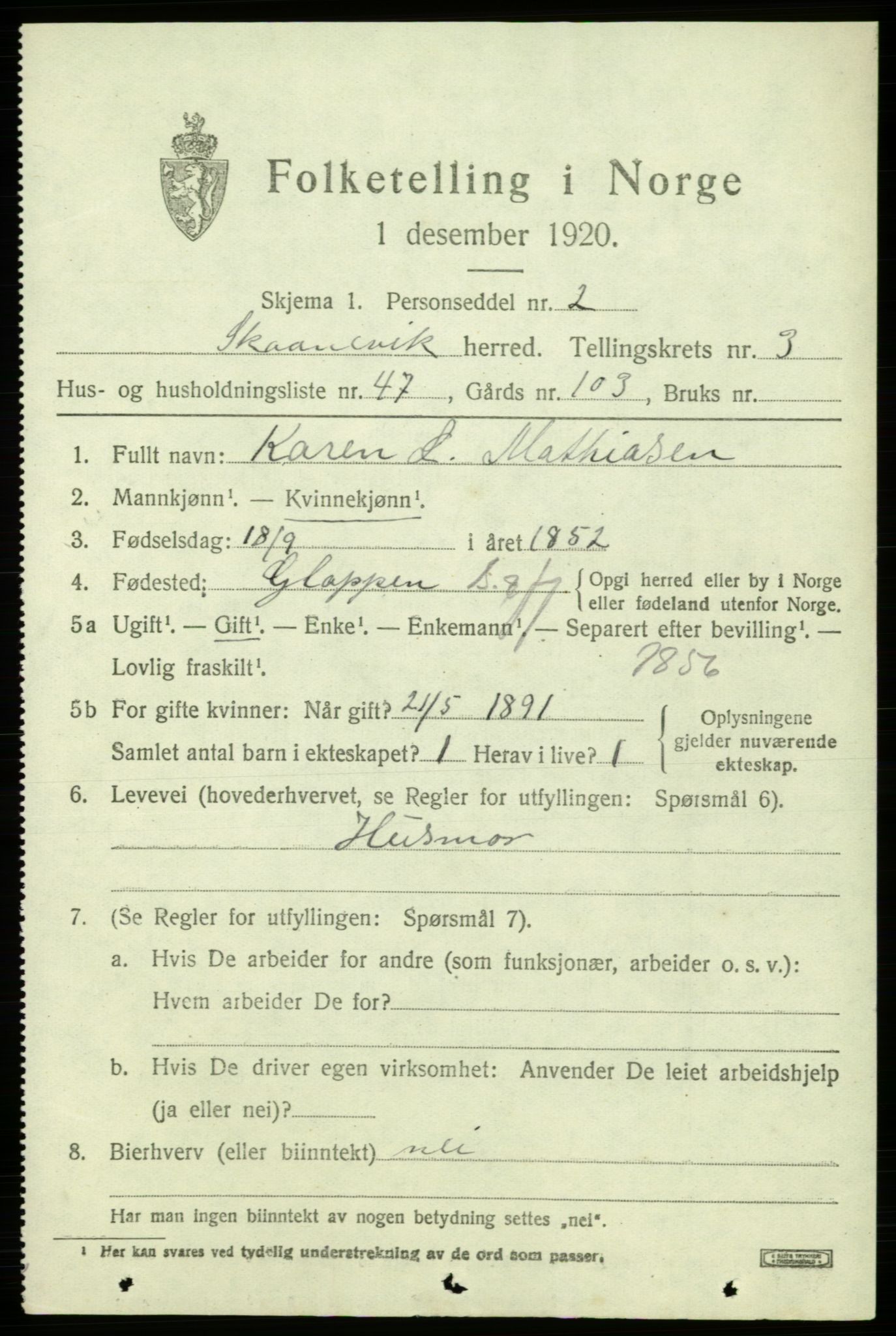 SAB, Folketelling 1920 for 1212 Skånevik herred, 1920, s. 3295