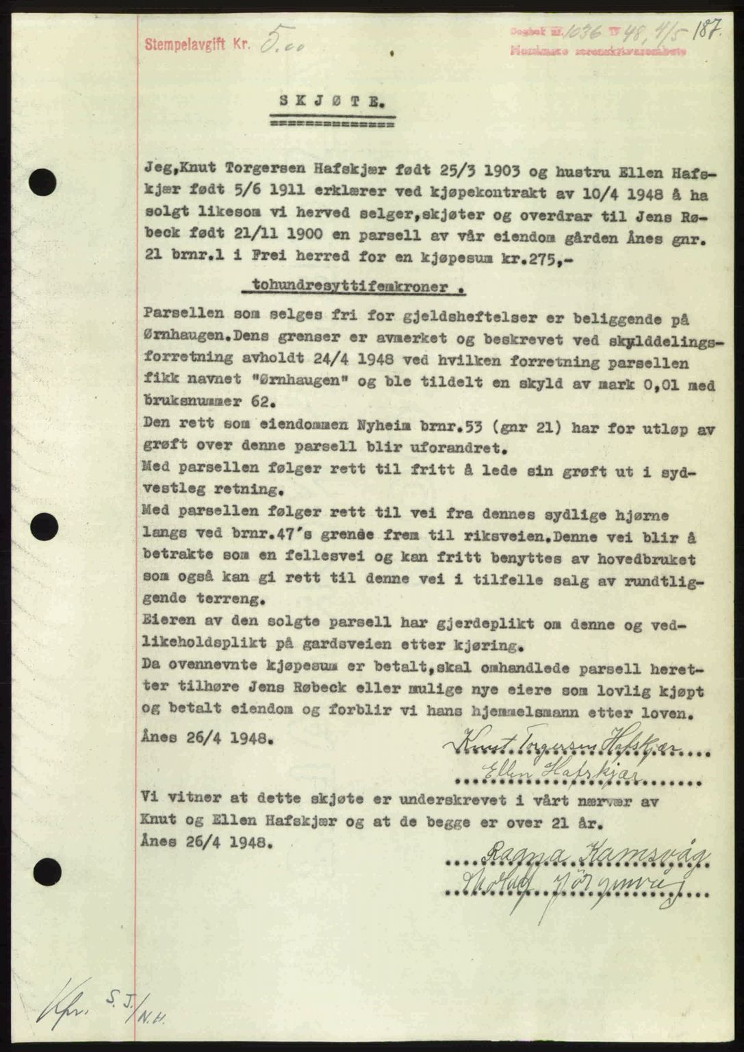 Nordmøre sorenskriveri, SAT/A-4132/1/2/2Ca: Pantebok nr. A108, 1948-1948, Dagboknr: 1036/1948