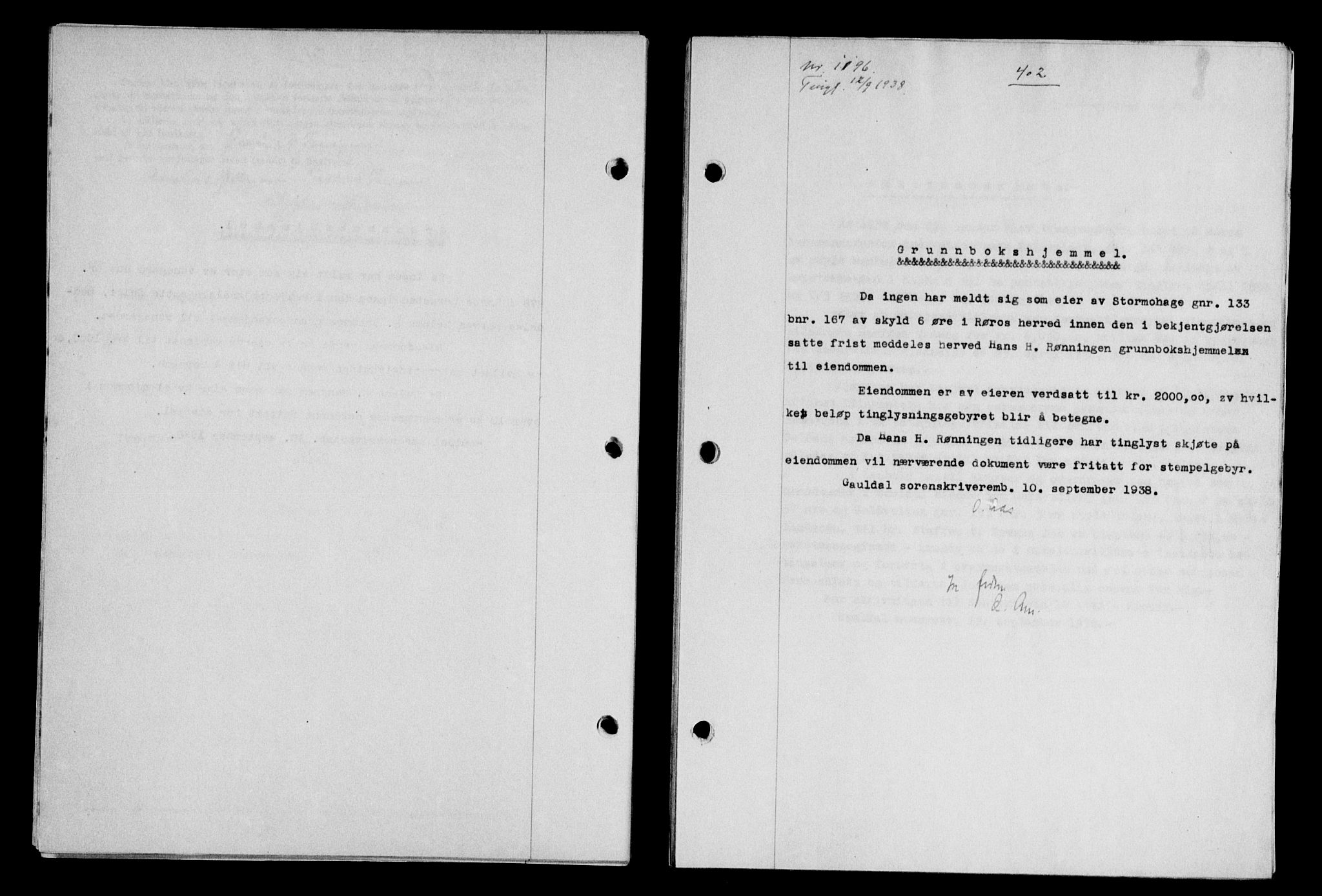 Gauldal sorenskriveri, SAT/A-0014/1/2/2C/L0049: Pantebok nr. 53, 1938-1938, Dagboknr: 1196/1938