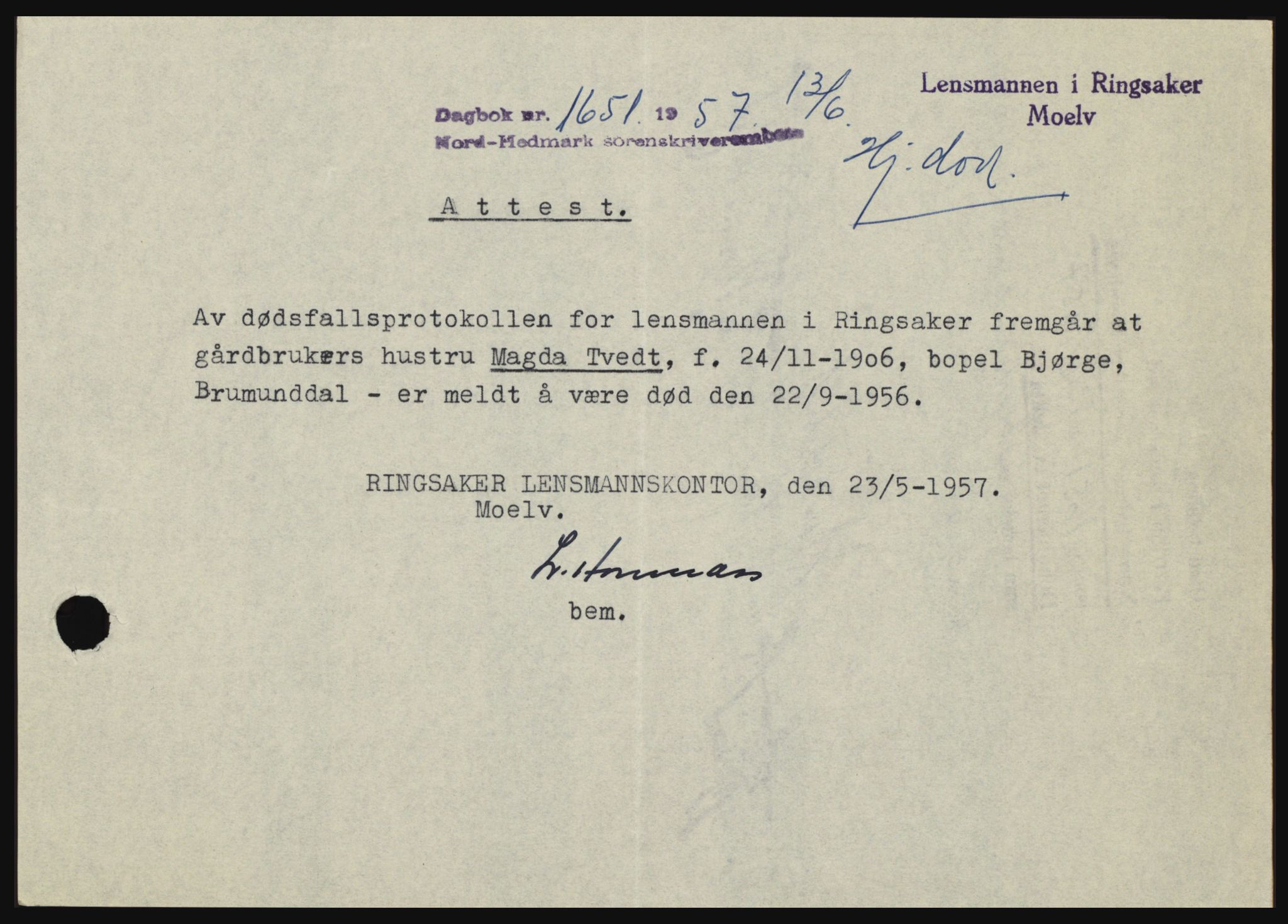 Nord-Hedmark sorenskriveri, SAH/TING-012/H/Hc/L0011: Pantebok nr. 11, 1956-1957, Dagboknr: 1651/1957