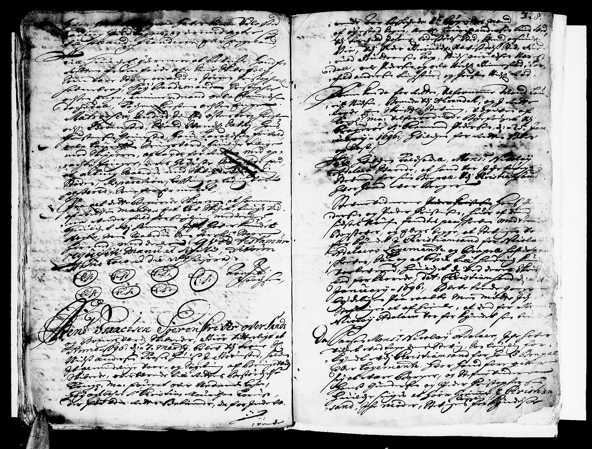 Nedenes sorenskriveri før 1824, SAK/1221-0007/F/Fa/L0007: Tingbok med register nr 4, 1692-1696, s. 327b-328a