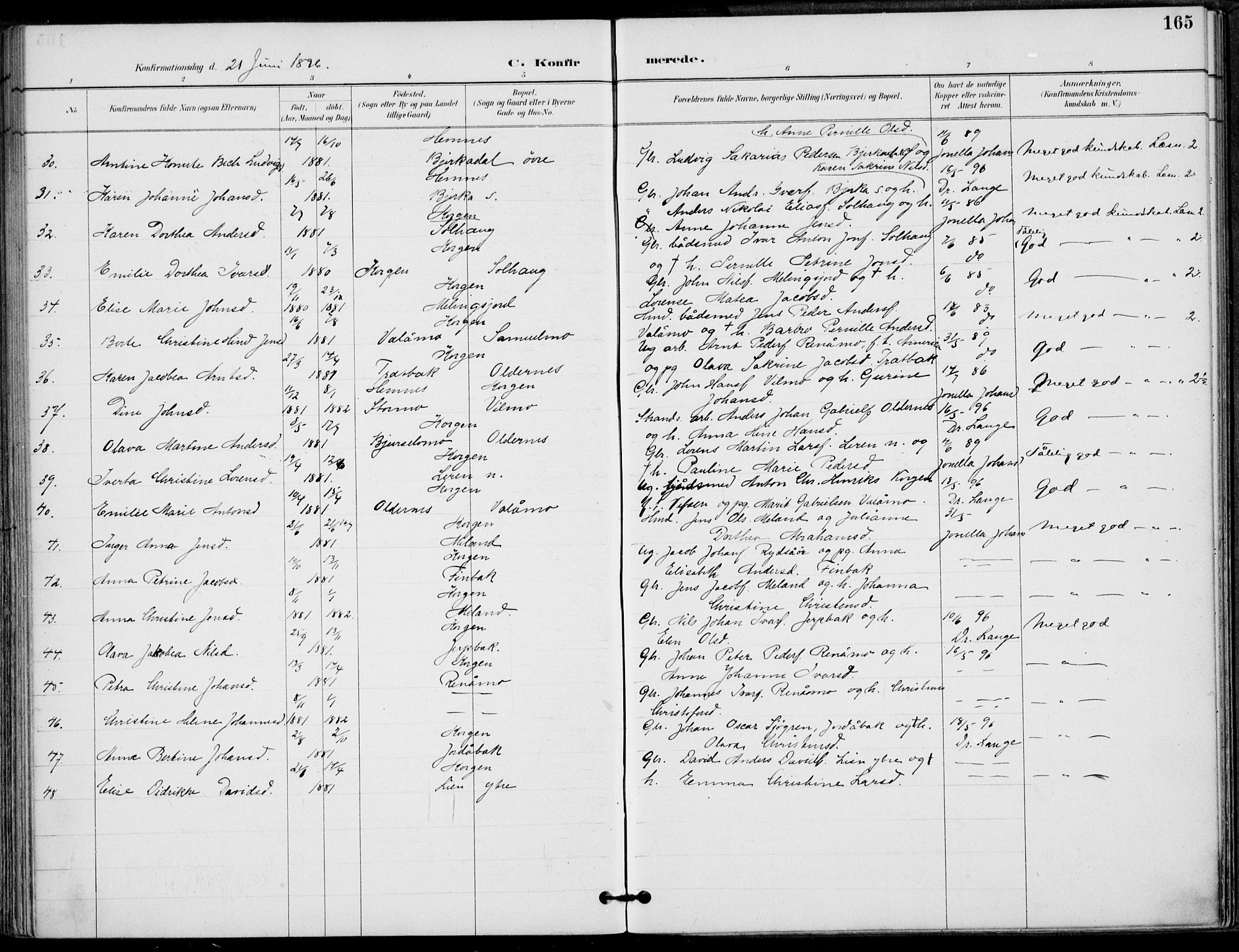 Ministerialprotokoller, klokkerbøker og fødselsregistre - Nordland, AV/SAT-A-1459/825/L0362: Ministerialbok nr. 825A16, 1886-1908, s. 165