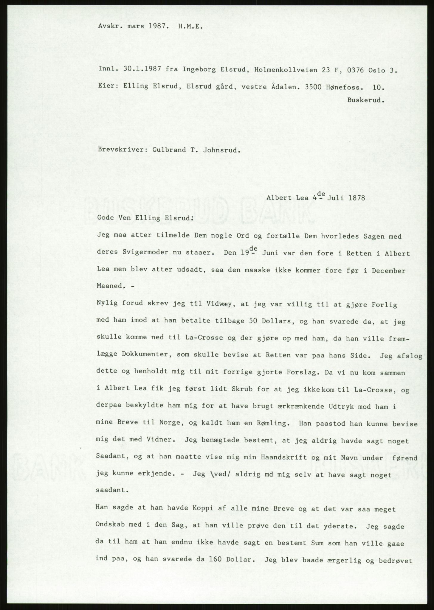 Samlinger til kildeutgivelse, Amerikabrevene, AV/RA-EA-4057/F/L0018: Innlån fra Buskerud: Elsrud, 1838-1914, s. 839