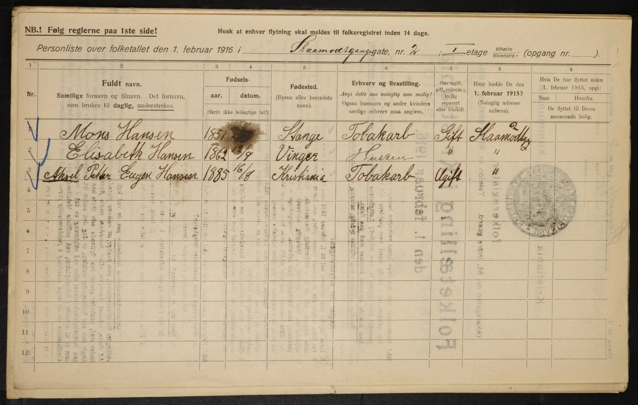 OBA, Kommunal folketelling 1.2.1916 for Kristiania, 1916, s. 99381