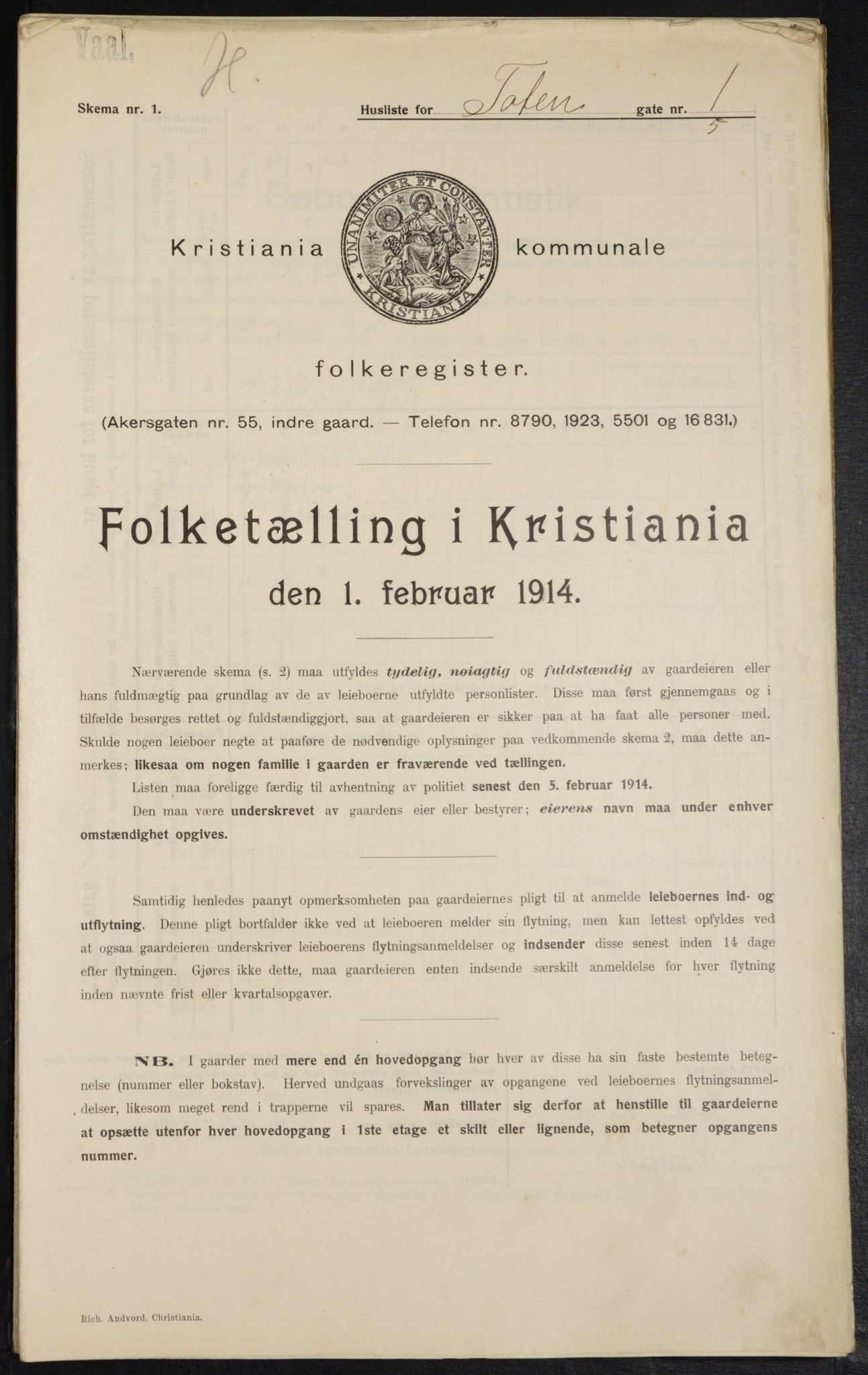 OBA, Kommunal folketelling 1.2.1914 for Kristiania, 1914, s. 116129
