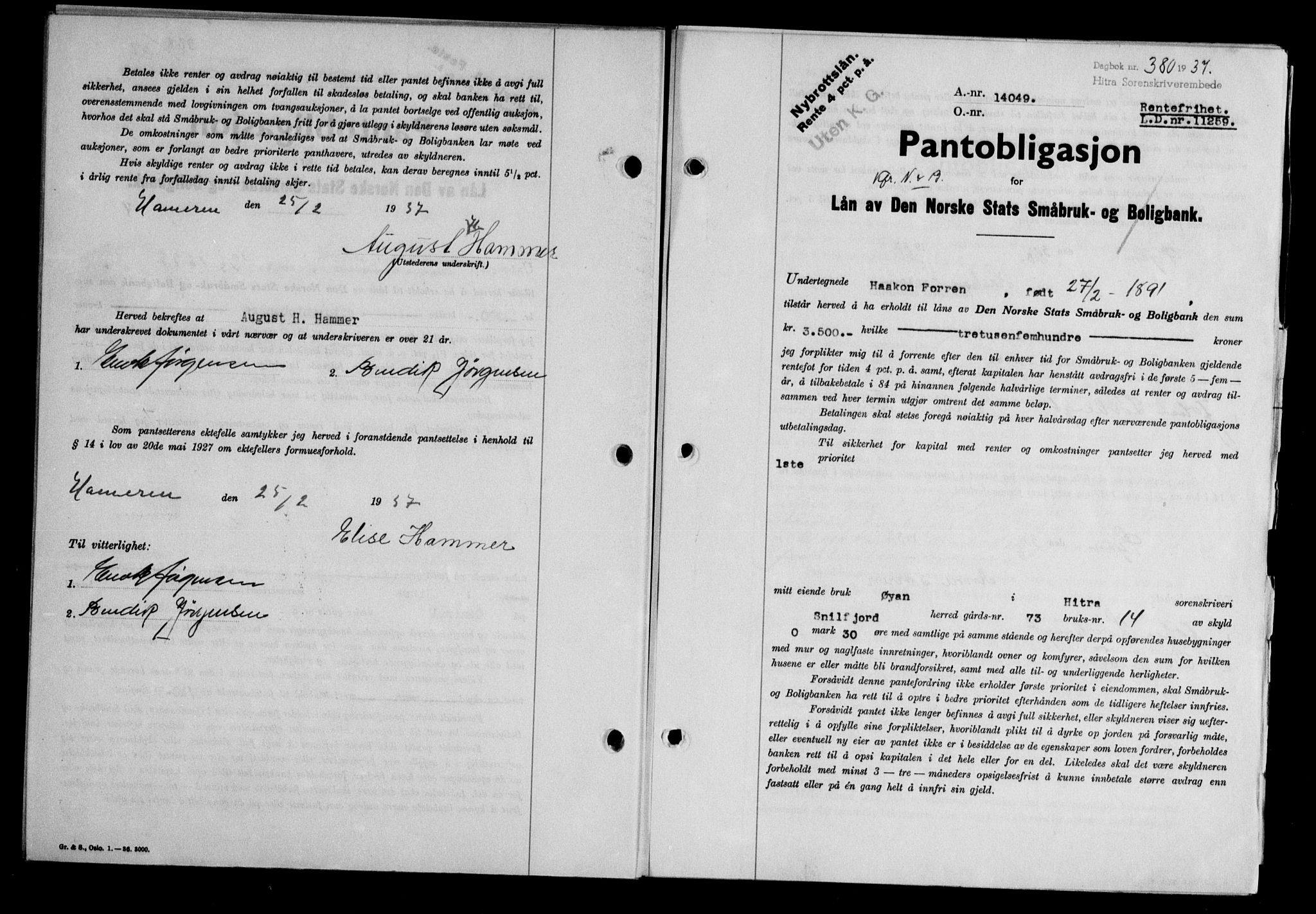 Hitra sorenskriveri, AV/SAT-A-0018/2/2C/2Ca/L0028: Pantebok nr. B-1, 1936-1939, Dagboknr: 380/1937