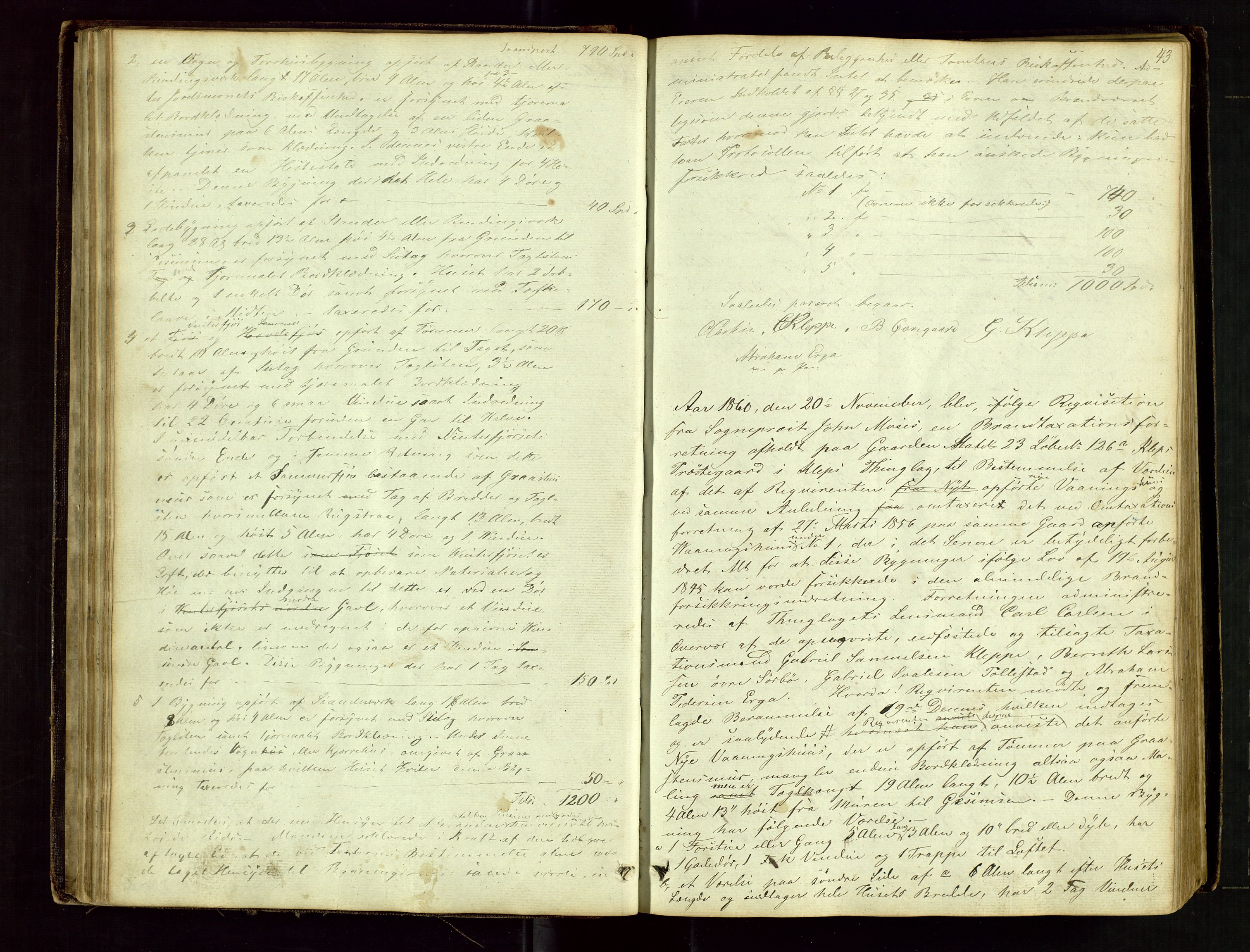 Klepp lensmannskontor, AV/SAST-A-100163/Gob/L0001: "Brandtaxatjons Protocol for Kleps Thinglaug", 1846-1881, s. 42b-43a