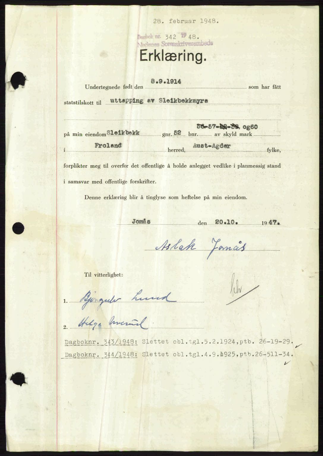 Nedenes sorenskriveri, AV/SAK-1221-0006/G/Gb/Gba/L0058: Pantebok nr. A10, 1947-1948, Dagboknr: 342/1948