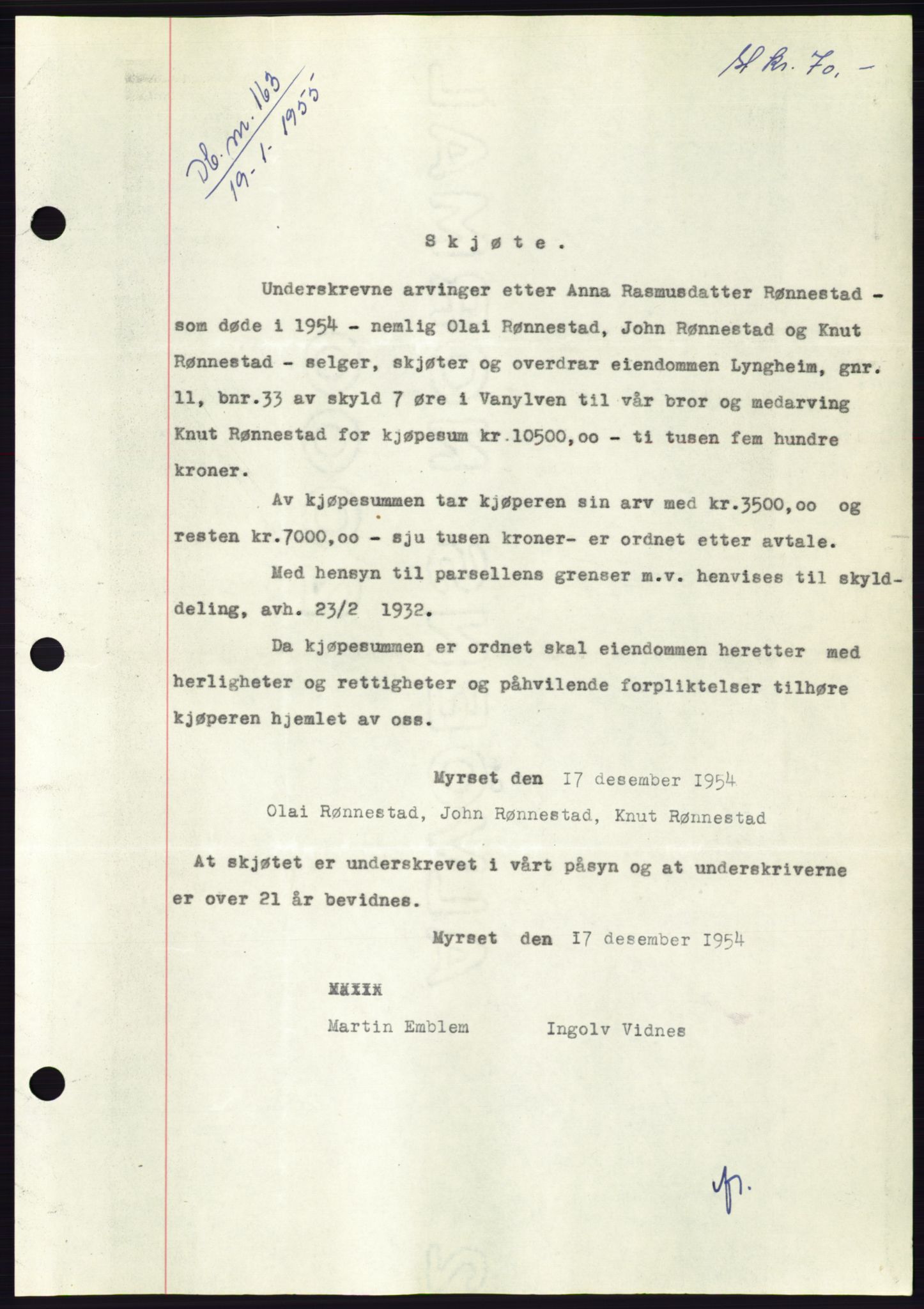 Søre Sunnmøre sorenskriveri, SAT/A-4122/1/2/2C/L0100: Pantebok nr. 26A, 1954-1955, Dagboknr: 163/1955