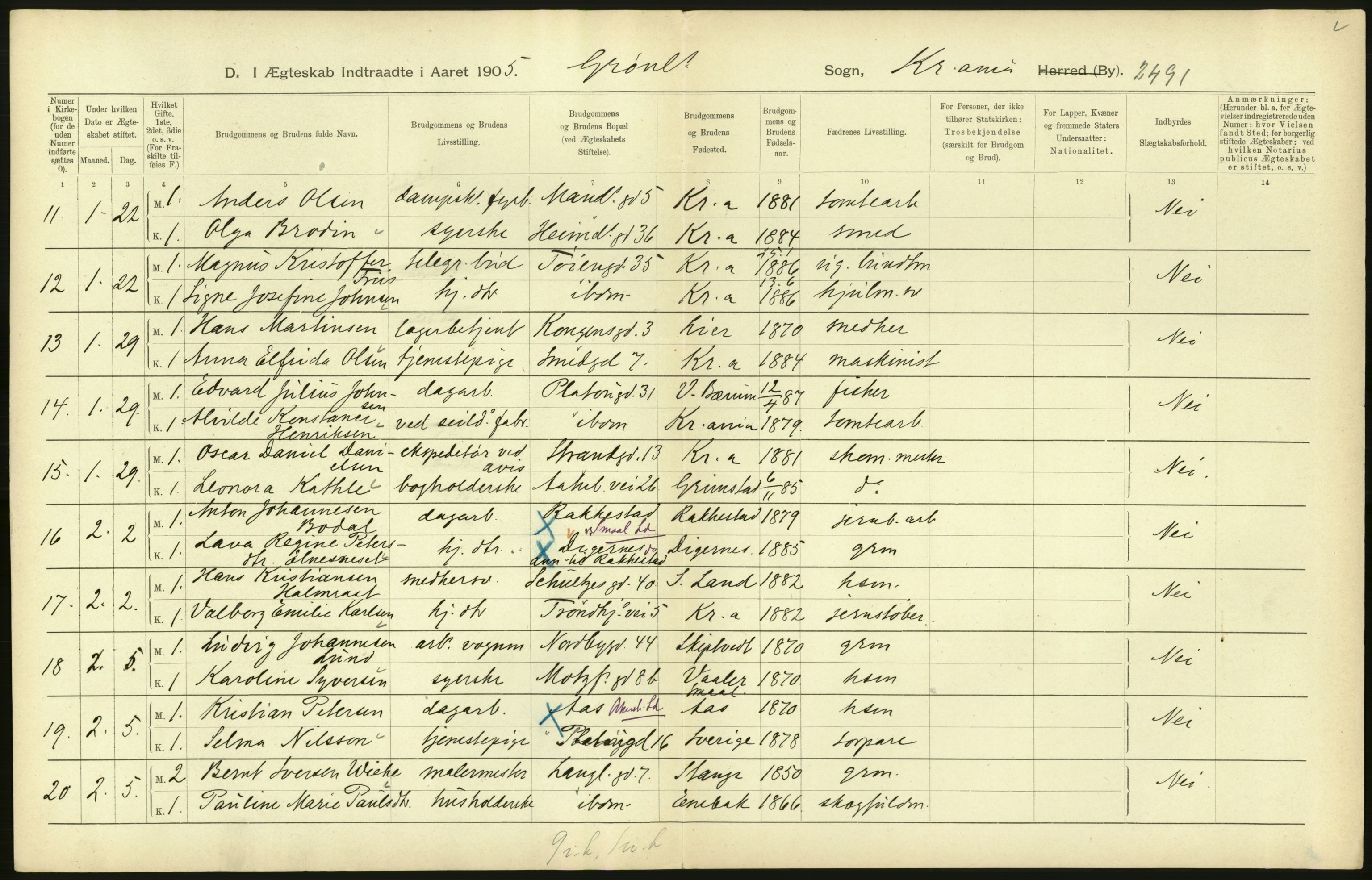 Statistisk sentralbyrå, Sosiodemografiske emner, Befolkning, AV/RA-S-2228/D/Df/Dfa/Dfac/L0007b: Kristiania: Gifte, 1905, s. 342