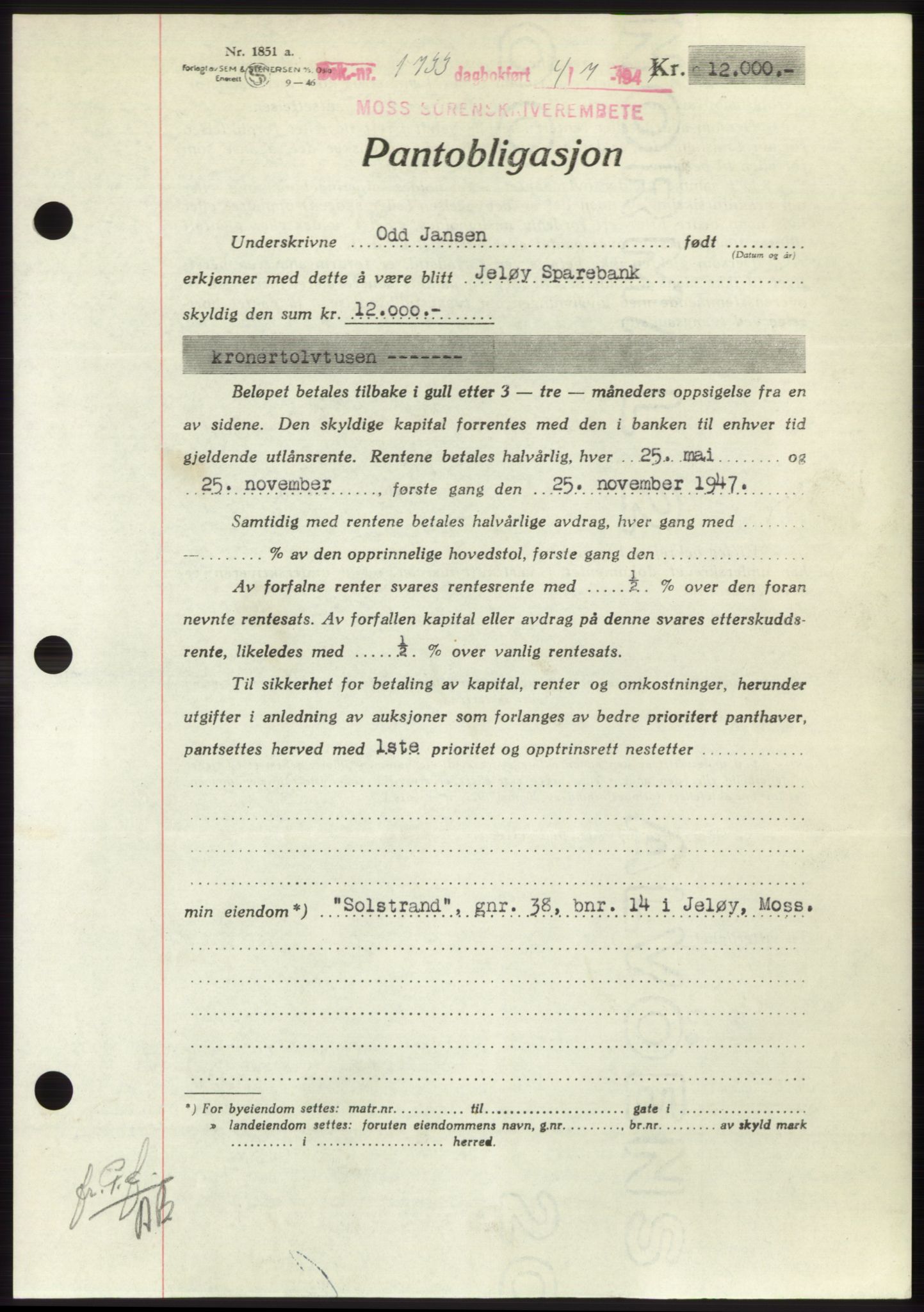 Moss sorenskriveri, SAO/A-10168: Pantebok nr. B17, 1947-1947, Dagboknr: 1733/1947