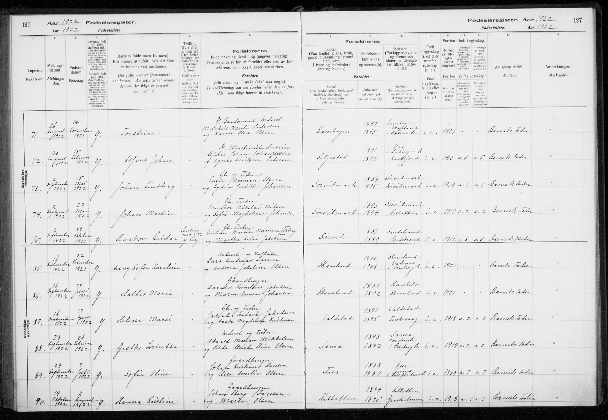 Trondenes sokneprestkontor, AV/SATØ-S-1319/I/Ia/L0089: Fødselsregister nr. 89, 1916-1925, s. 127