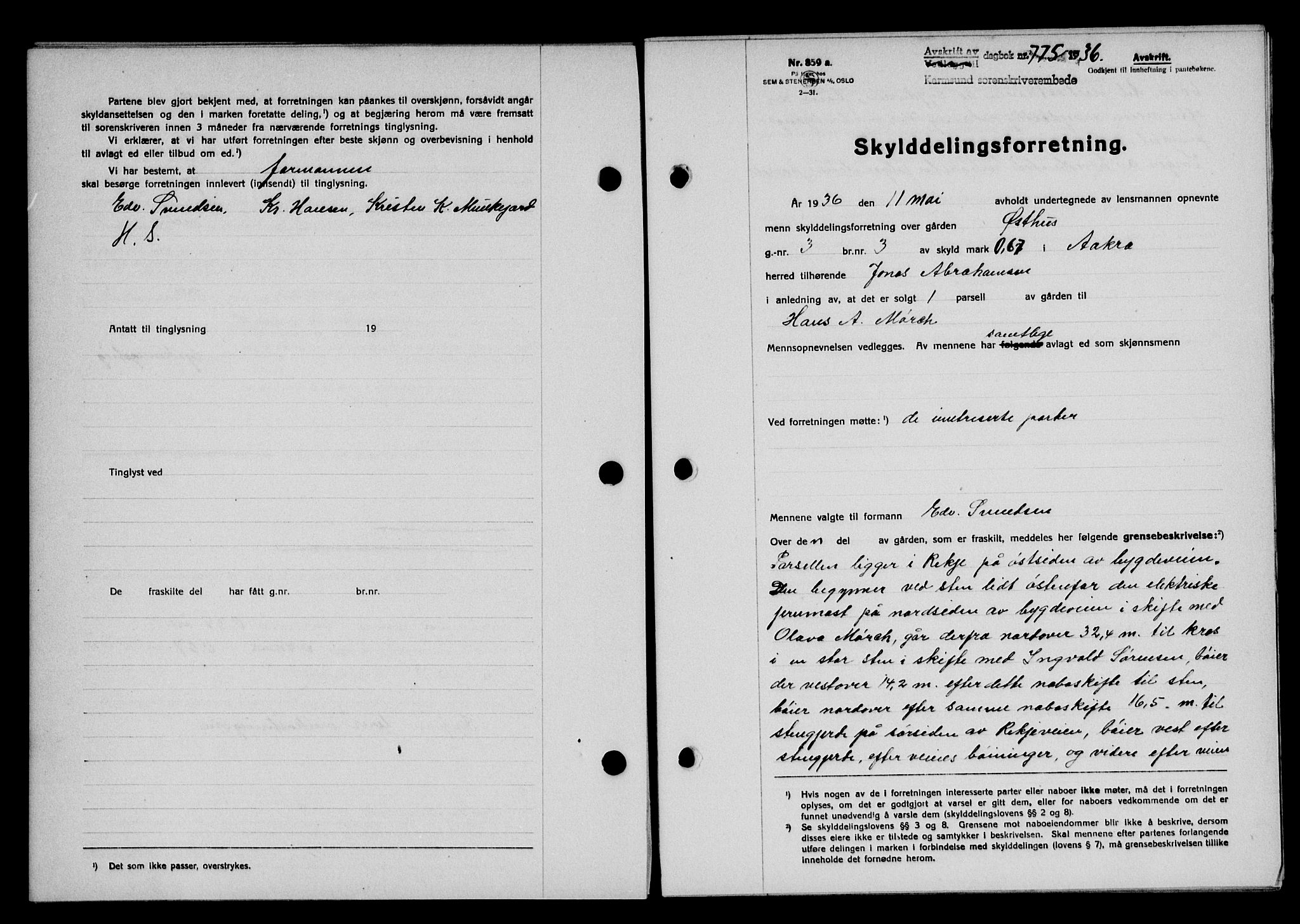 Karmsund sorenskriveri, SAST/A-100311/01/II/IIB/L0066: Pantebok nr. 47A, 1936-1936, Dagboknr: 775/1936