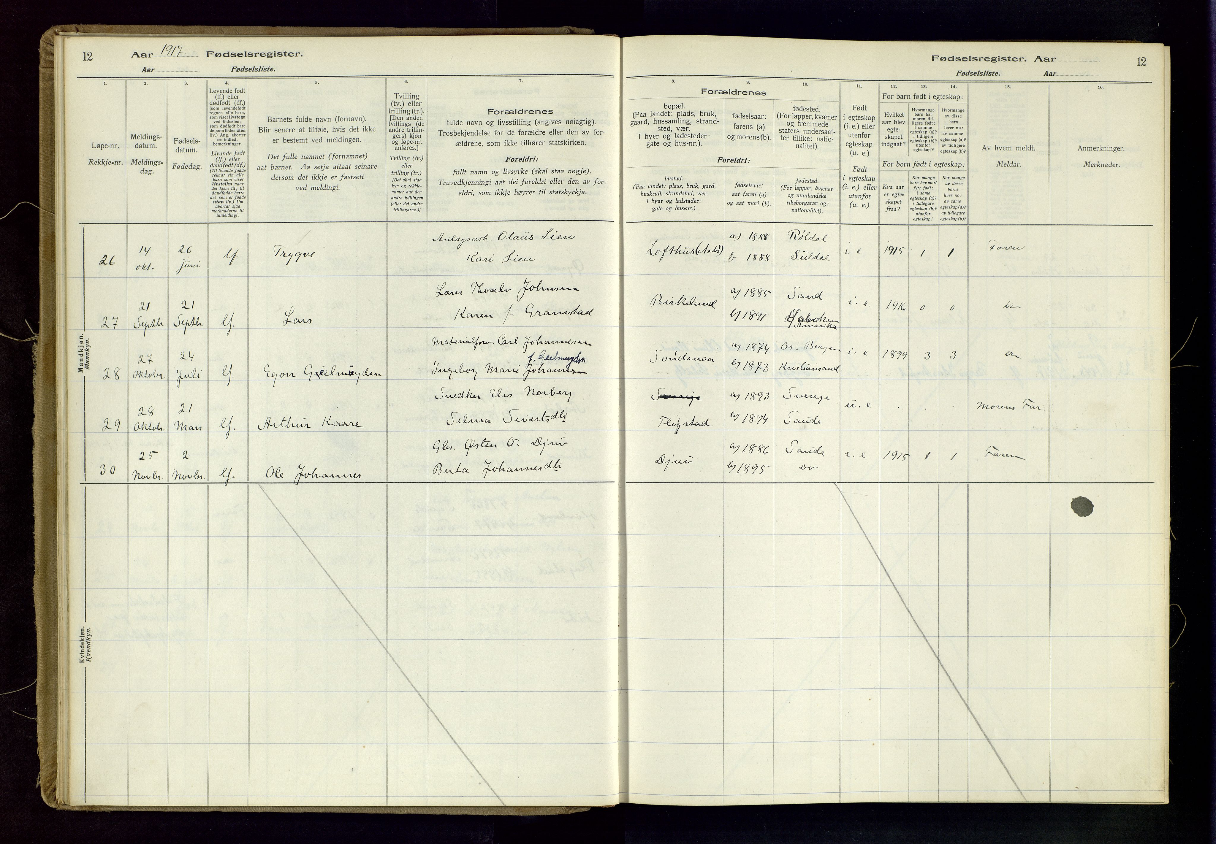 Sand sokneprestkontor, AV/SAST-A-101848/03/C/L0003: Fødselsregister nr. 3, 1916-1936, s. 12