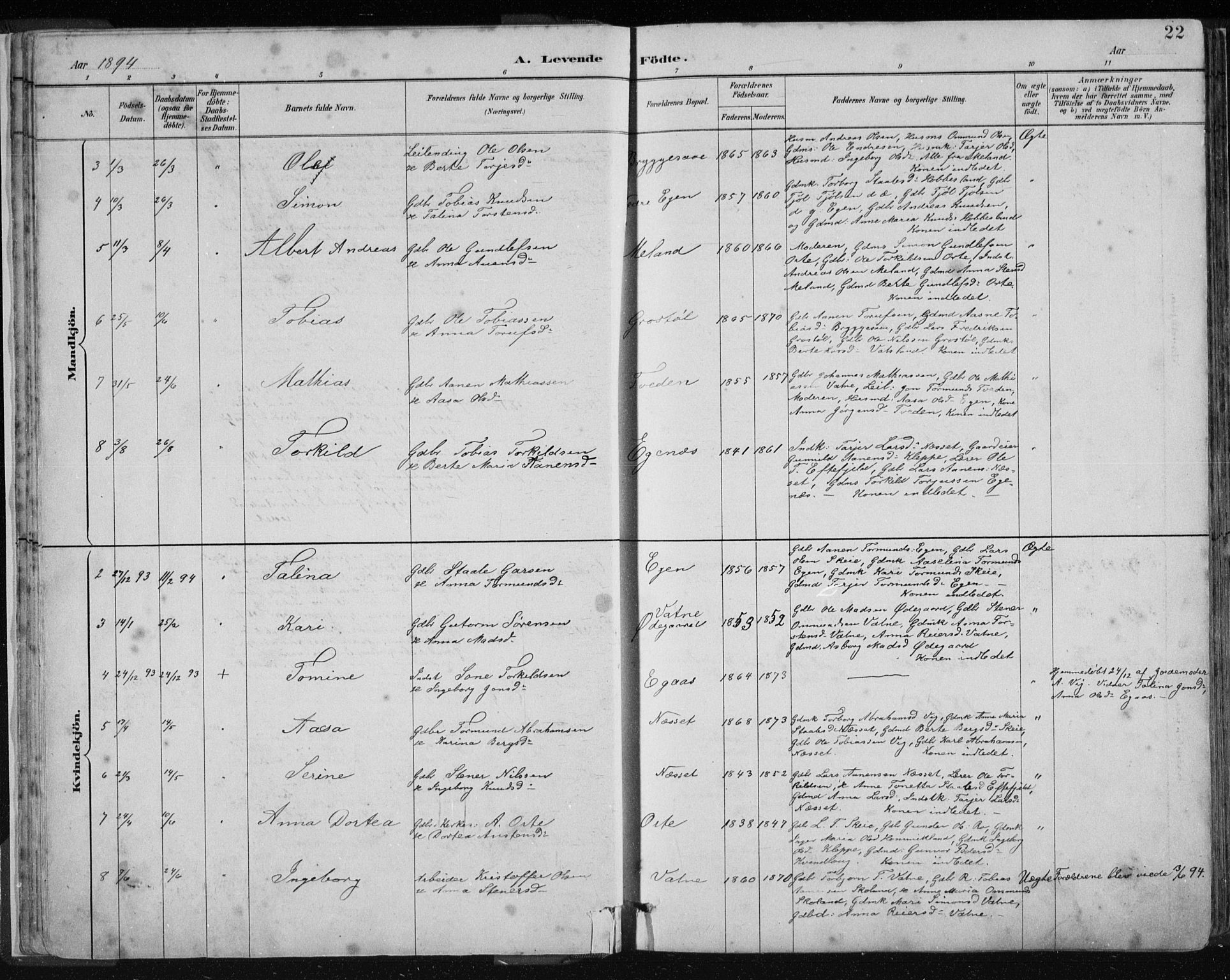 Hægebostad sokneprestkontor, AV/SAK-1111-0024/F/Fb/Fbb/L0003: Klokkerbok nr. B 3, 1887-1937, s. 22